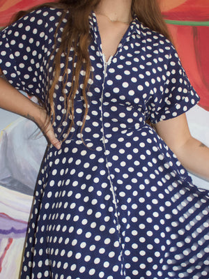 1940s Indigo Polka Dot Seersucker Zip Front House Dress