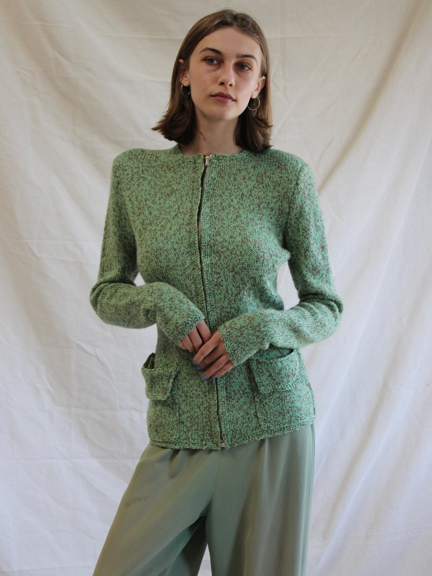 1940s Crown Zip Front Peaked Shoulder Wool Cardigan