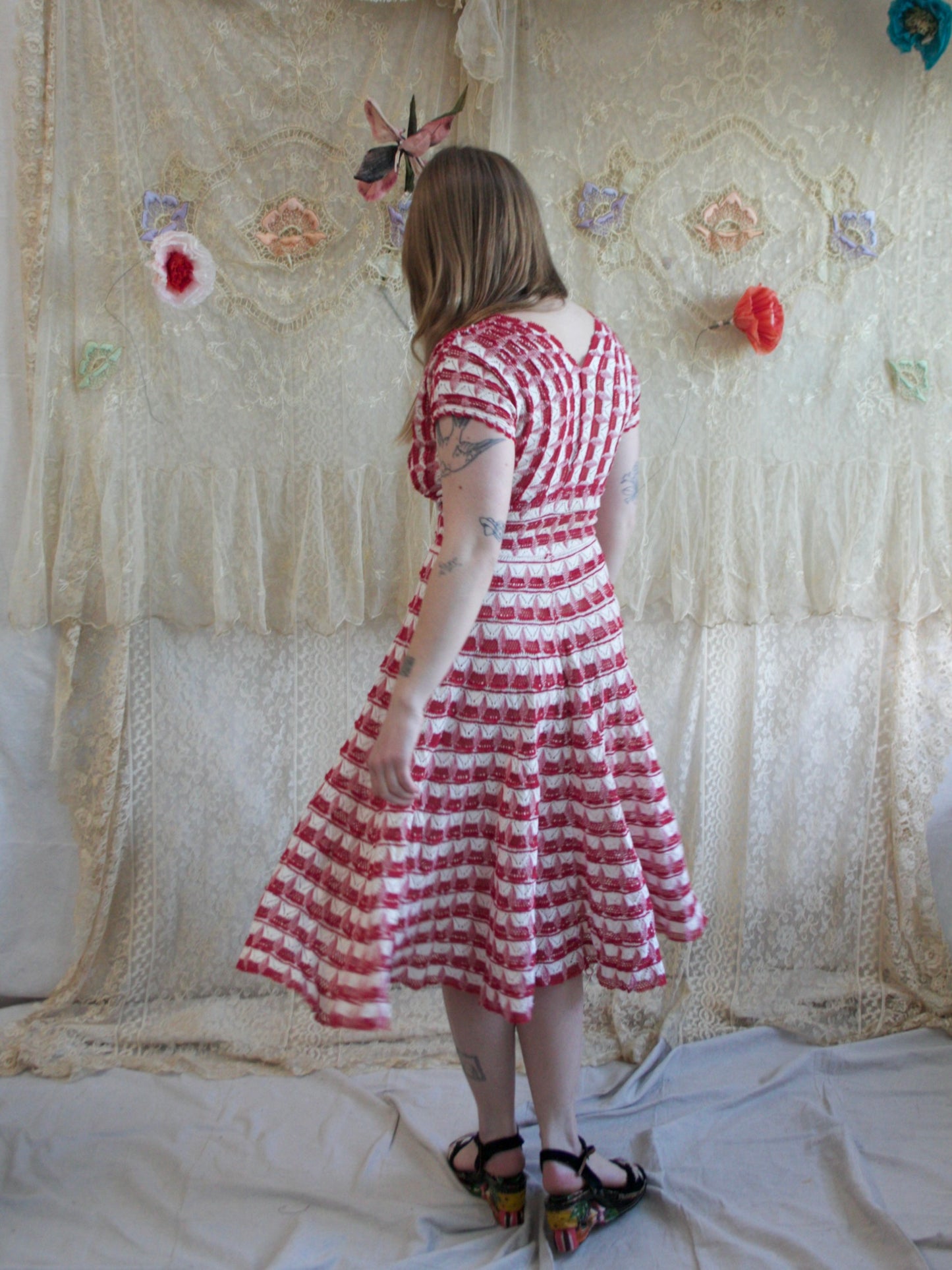 1950s Red/ White Crochet Knit Dress
