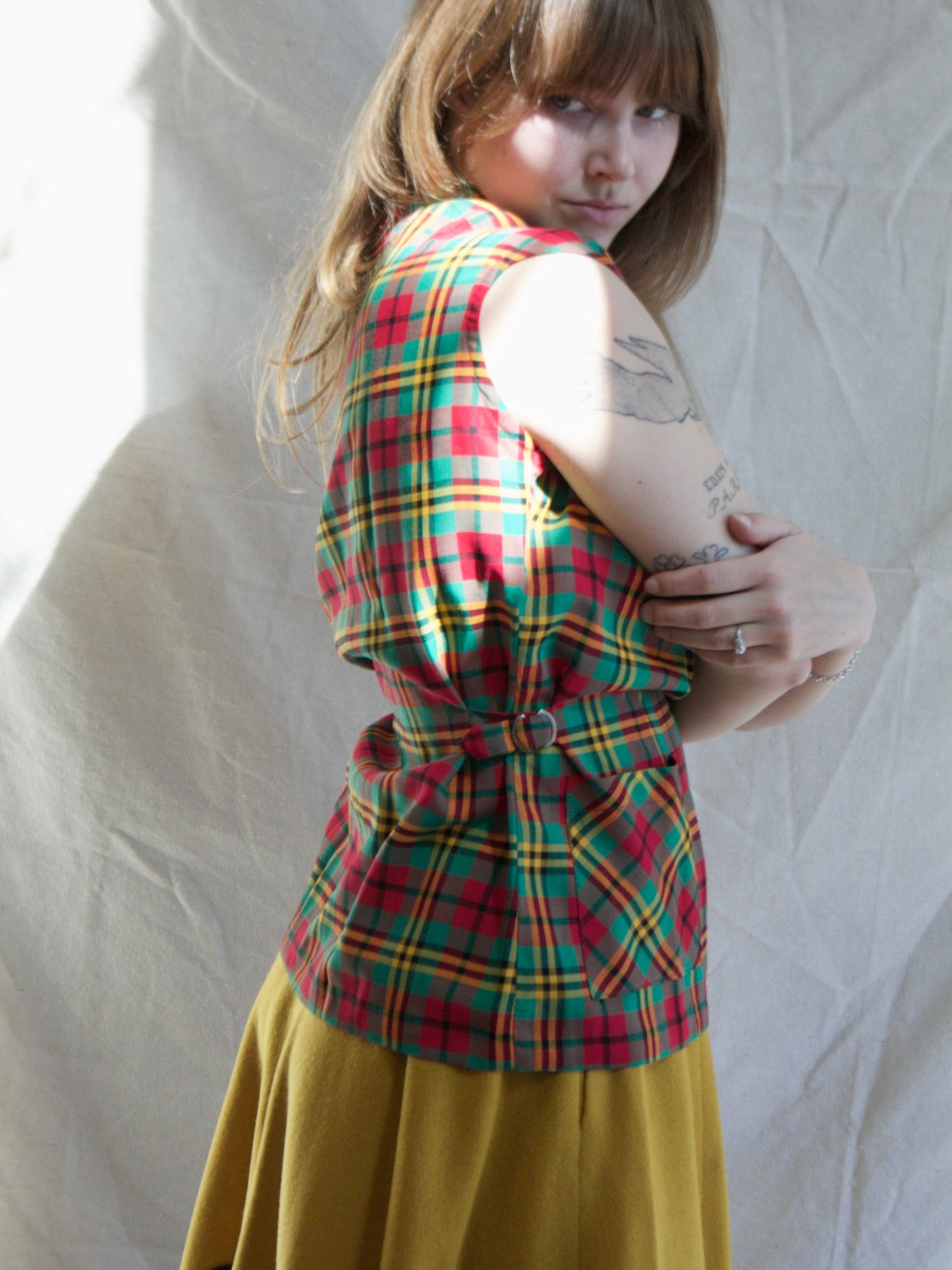 1940s Tartan Side Buckle Vest Blouse