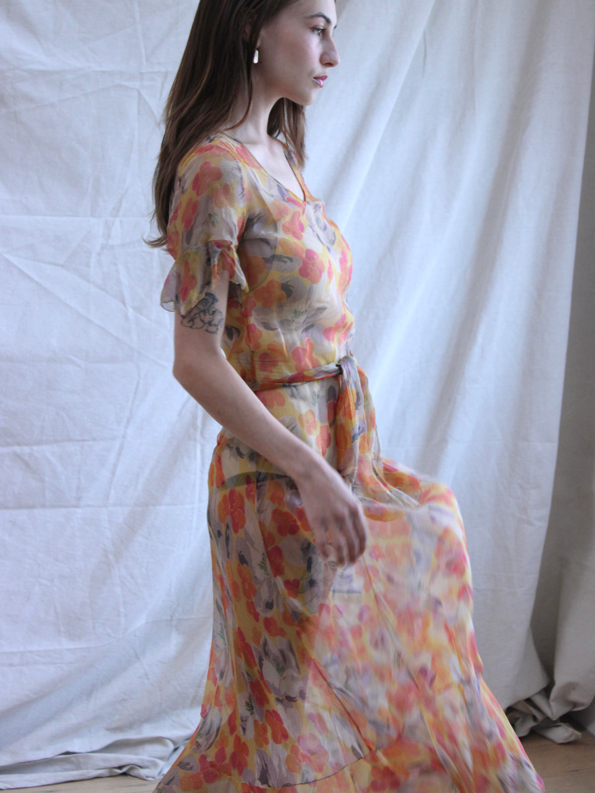 1930s Floral Chiffon Flutter Sleeve 2 PC Dress