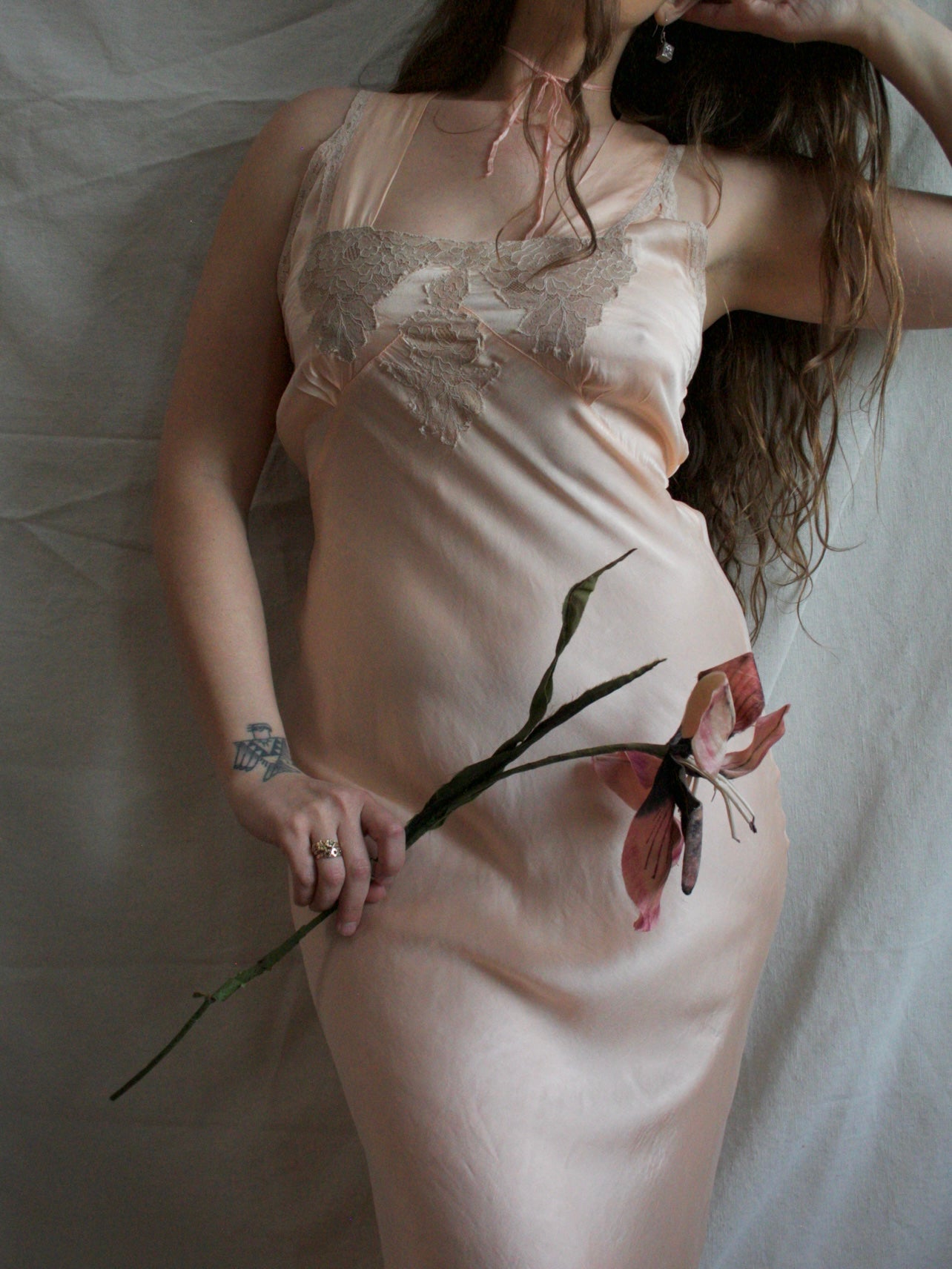 1930s Inset Lace Blush Pink Silk Bias Cut Slip Dress