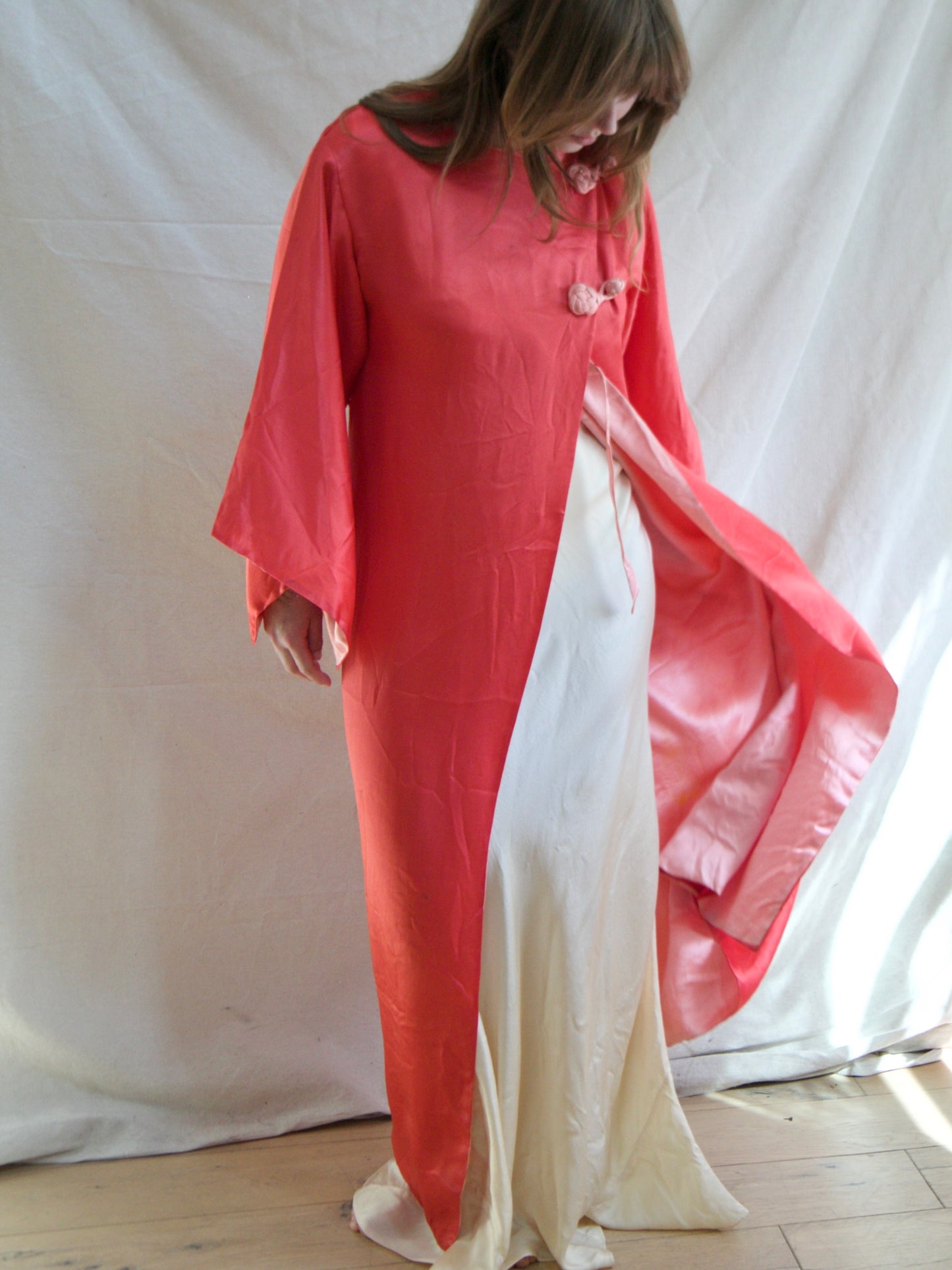 Antique 1920s Day-Glo Neon Coral Kimono Sleeve Silk Frog Closure Robe