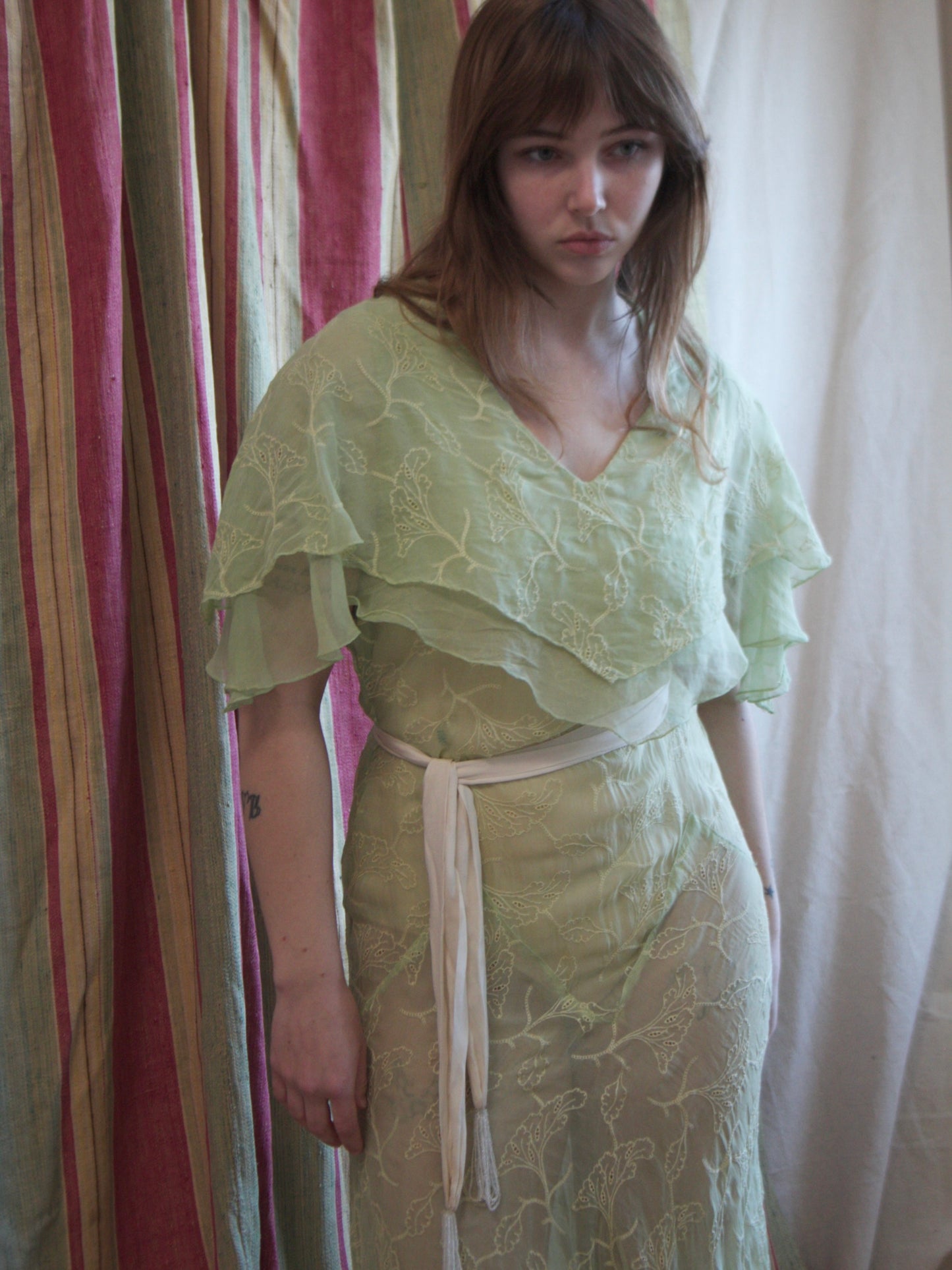 1930s Lime Embroideed Silk Chiffon Capelet Bias Cut Gown