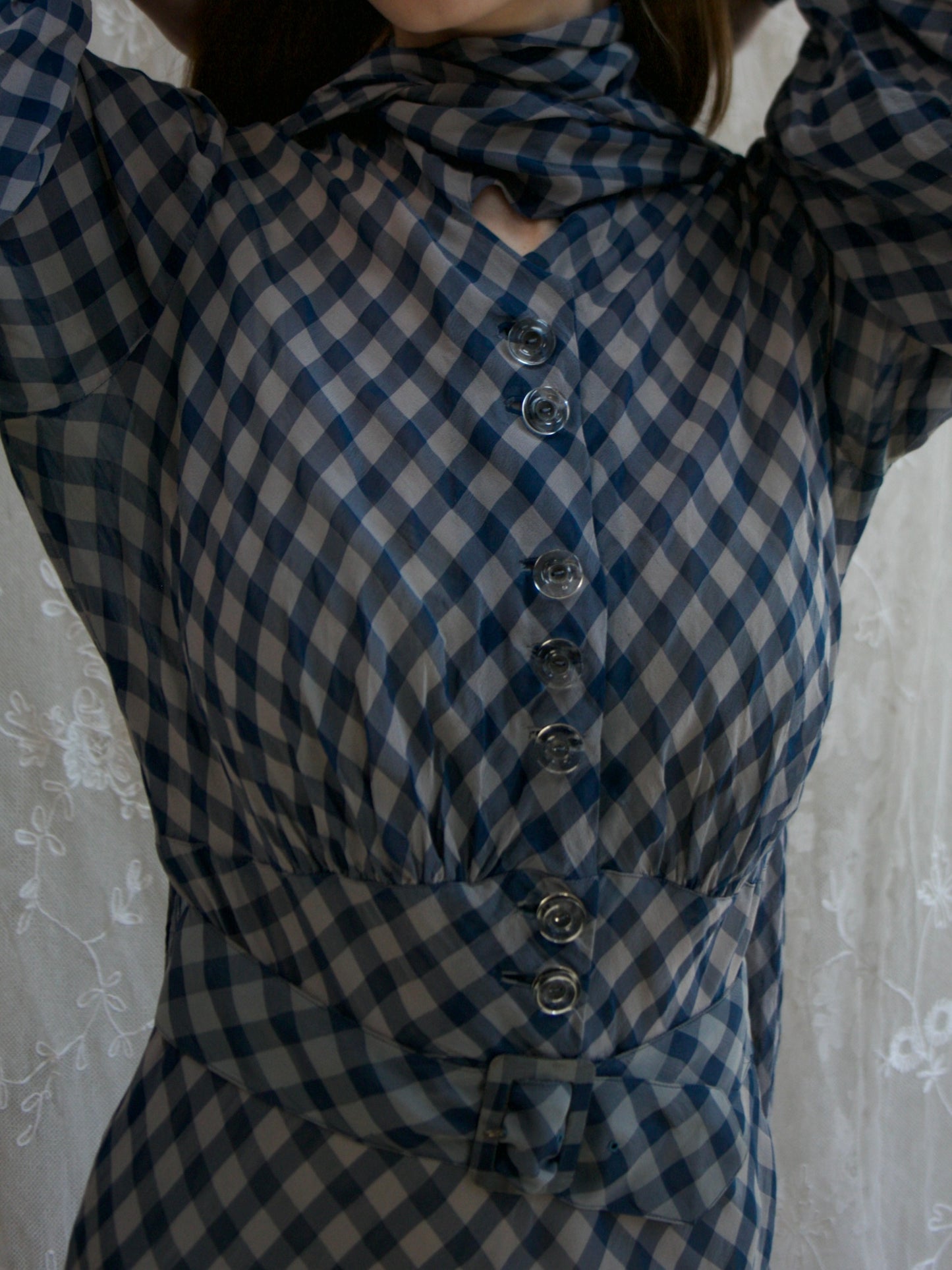 1930s Windowpane Balloon Sleeve Crepe Chiffon Tie Neck Dress