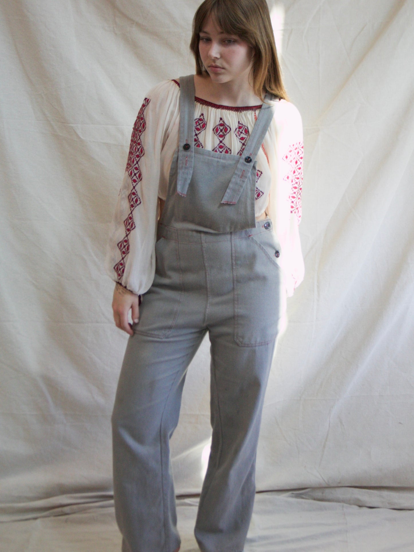 1940s/1950s Faded Cotton Side Button Bib Front Workwear Overalls