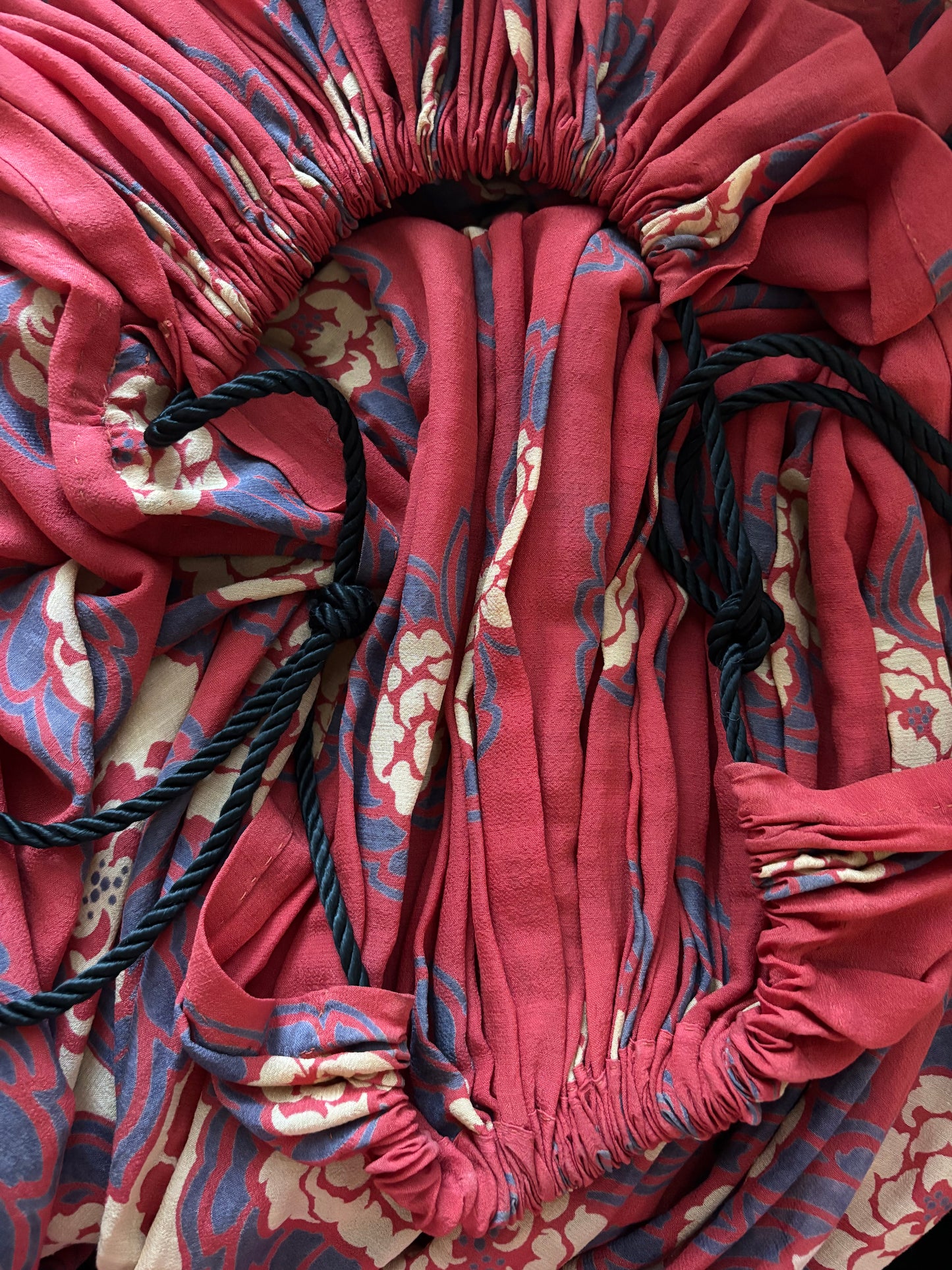 Antique Turkey Red Woven Silk Floral Print Drawstring Dress