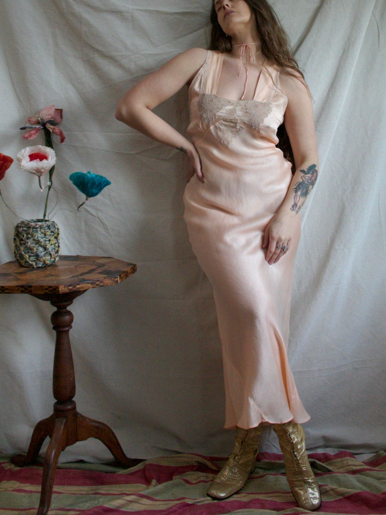 1930s Inset Lace Blush Pink Silk Bias Cut Slip Dress