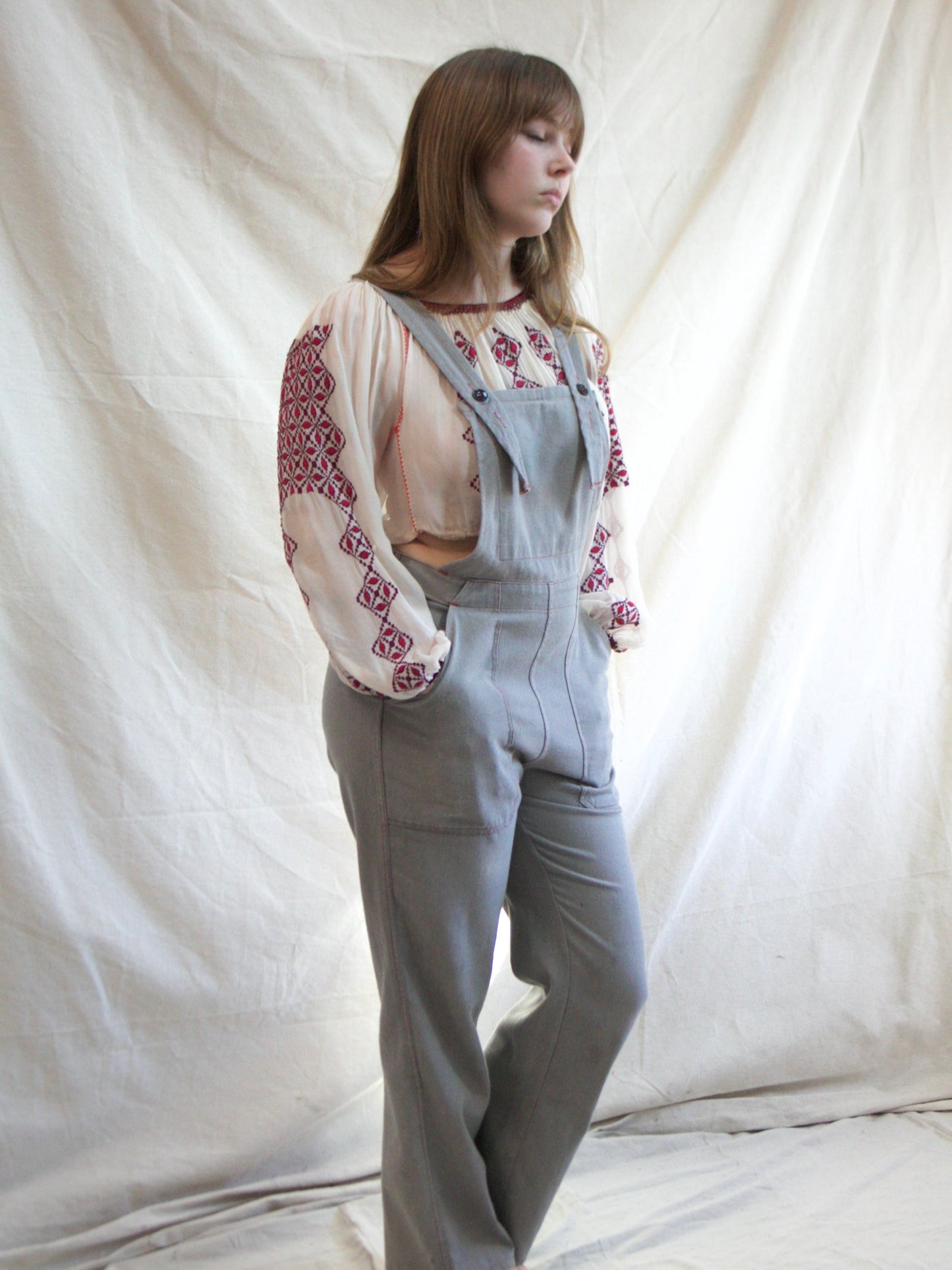 1940s/1950s Faded Cotton Side Button Bib Front Workwear Overalls