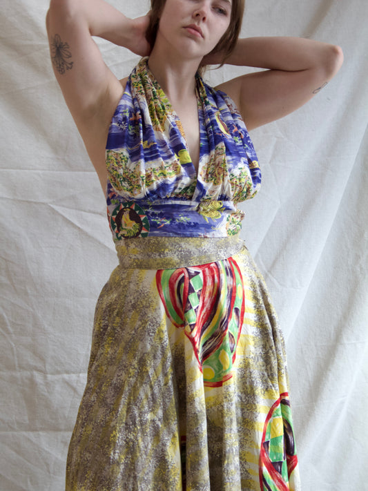 Special 1940s Hawaiian Printed Rayon Embellished Halter