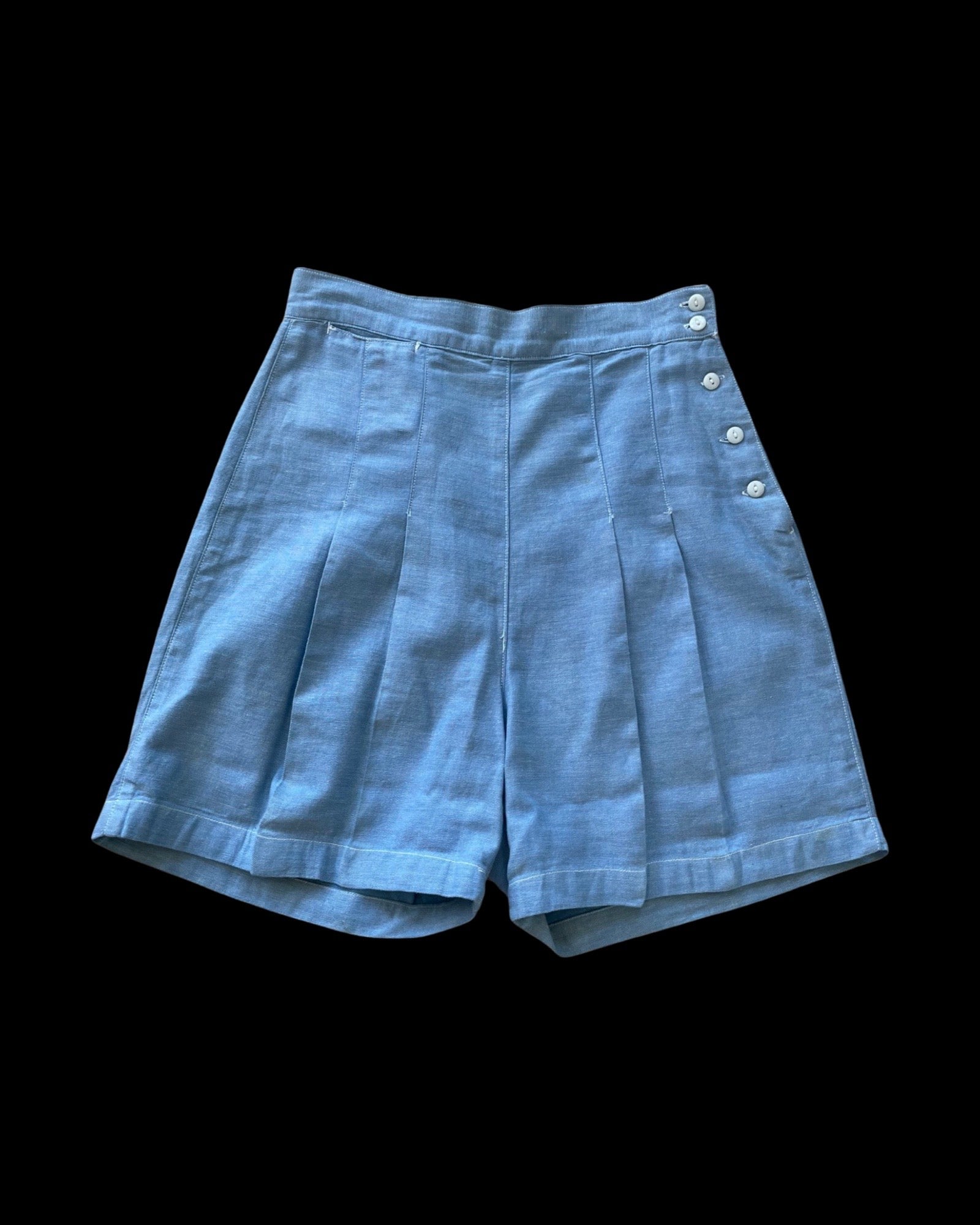 1940s Chambray Side Button Drill Shorts