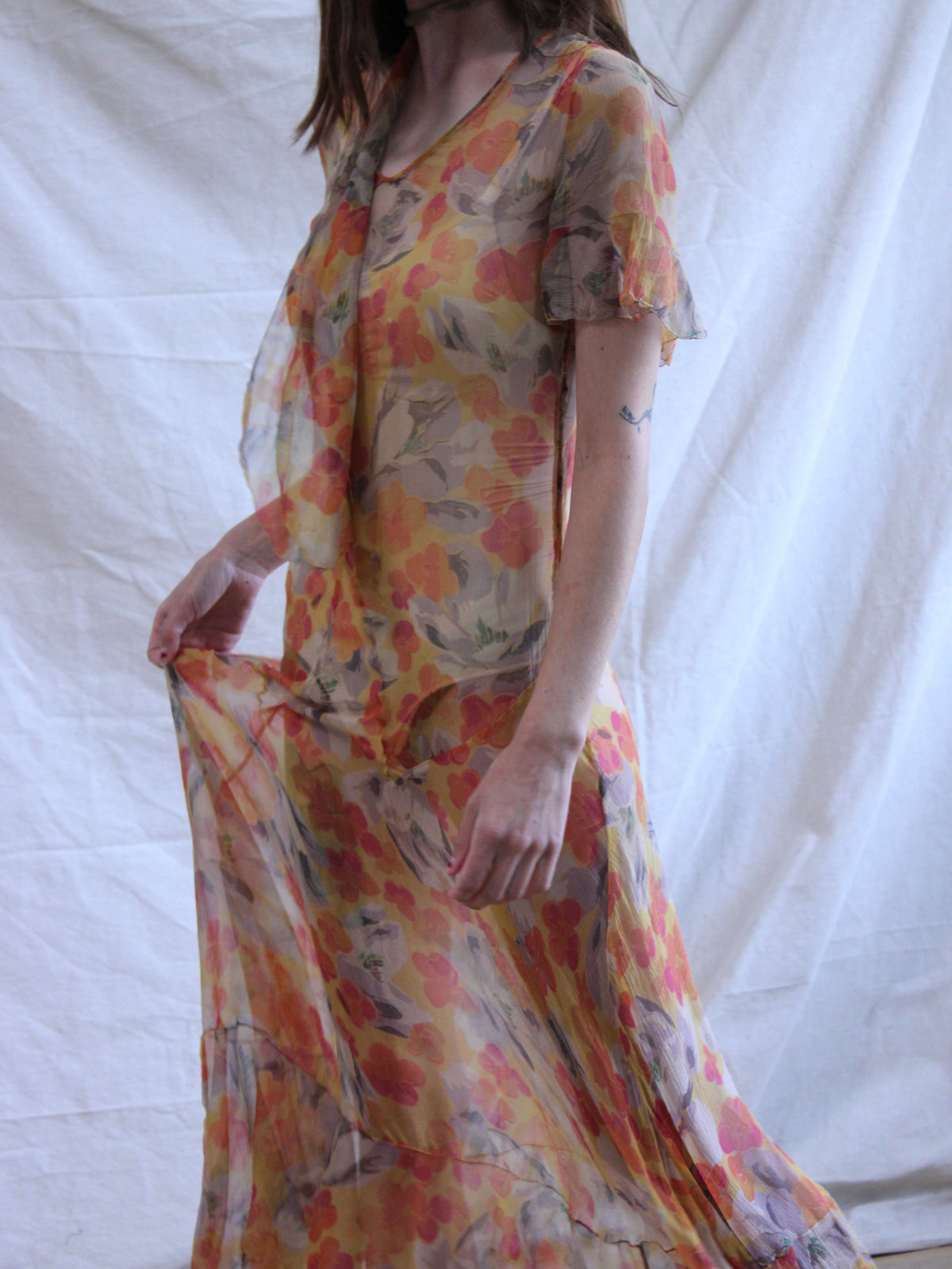 1930s Floral Chiffon Flutter Sleeve 2 PC Dress