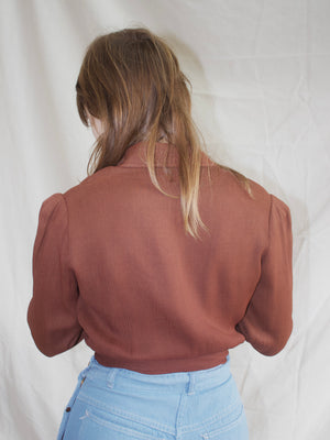 1940s Chestnut Brown Puff Sleeve Buckle Waist Copped Sportswear Blouse