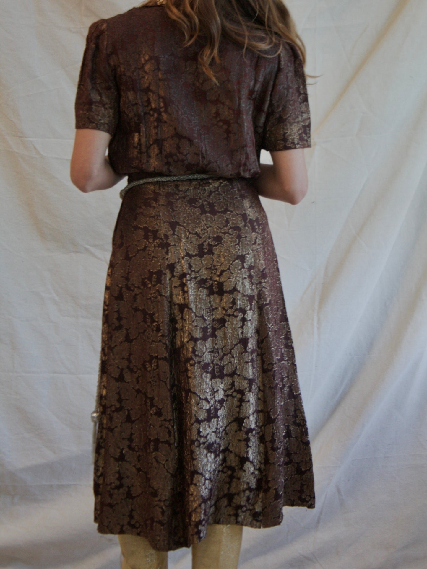 1940s Puff Sleeve Chocolate & Gold Lamé Dress