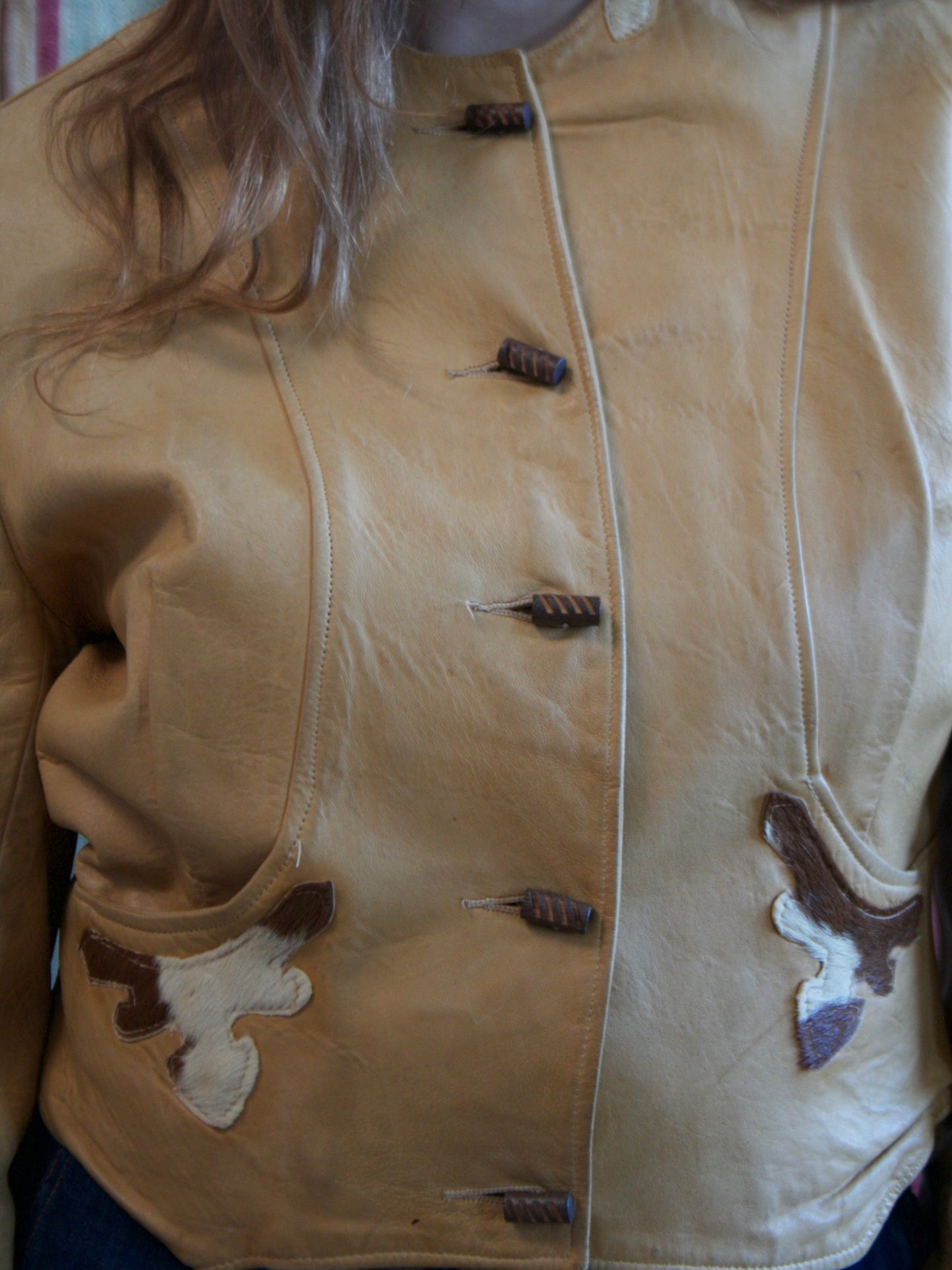 1940s Western Cognac Leather Pony Hair Yoke Jacket