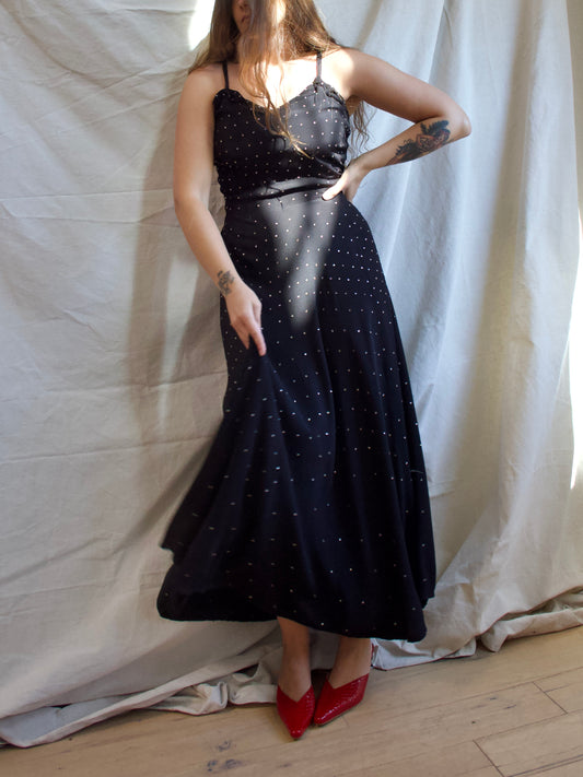 1930s Diamanté Rayon Crete Jet Black Tie Shoulder Gown