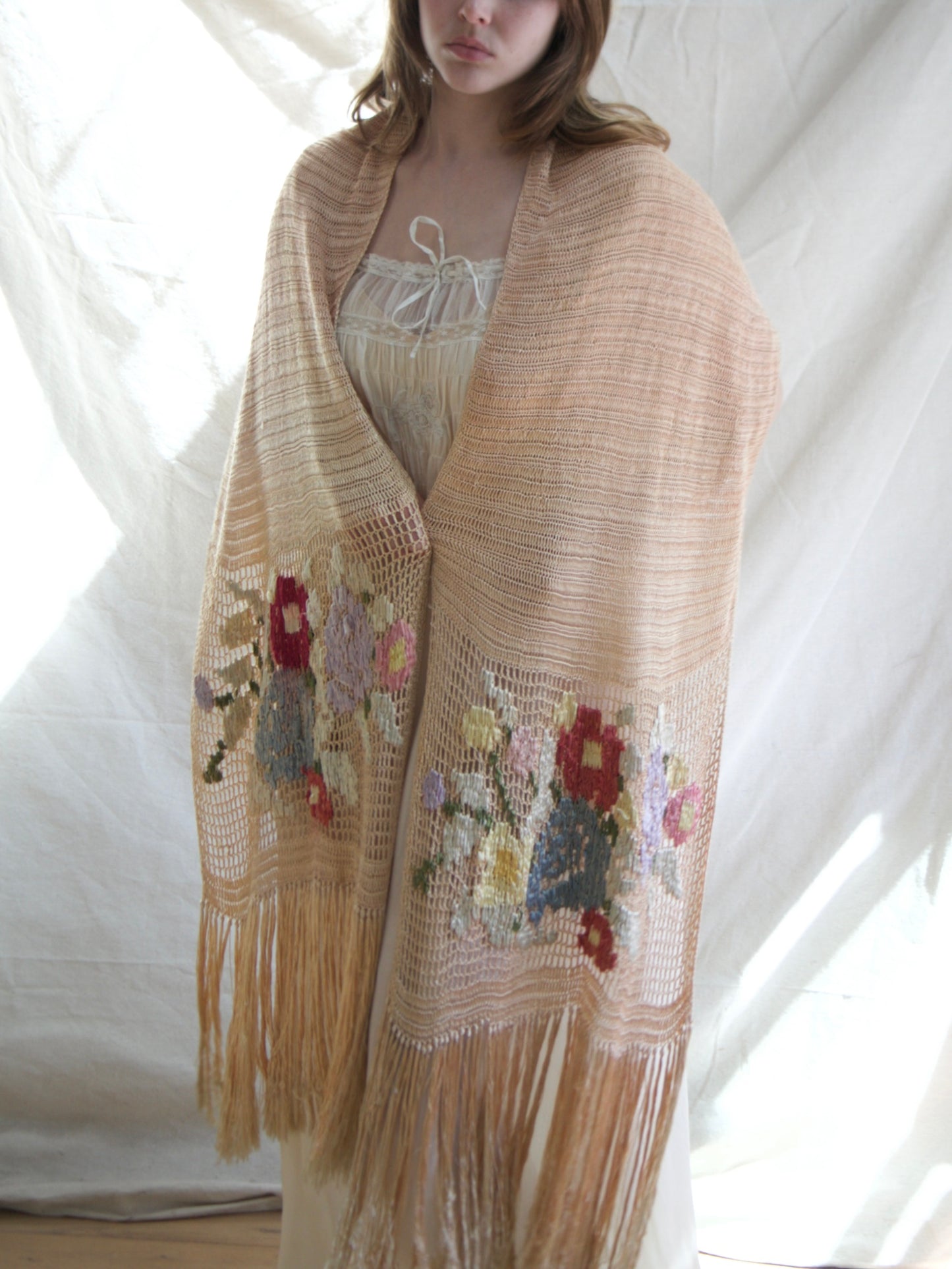 1930s Austrian Silk Crochet Floral Fringe Shawl