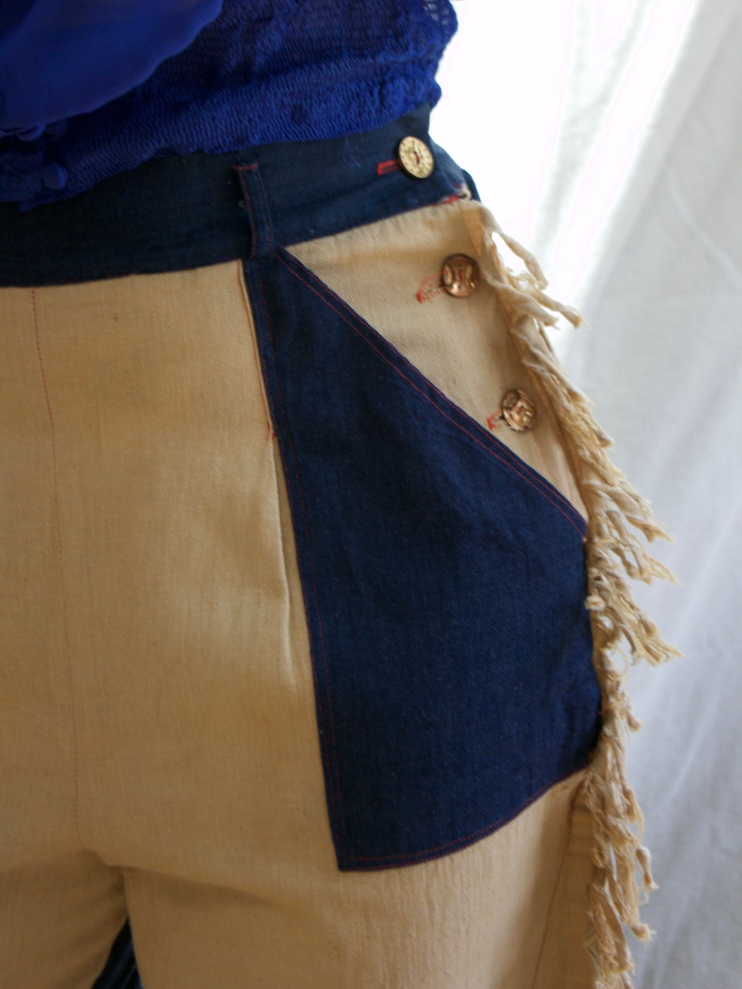 RARE 1940s Western Side Button Two Tone Built-in Chaps Fringe Denim
