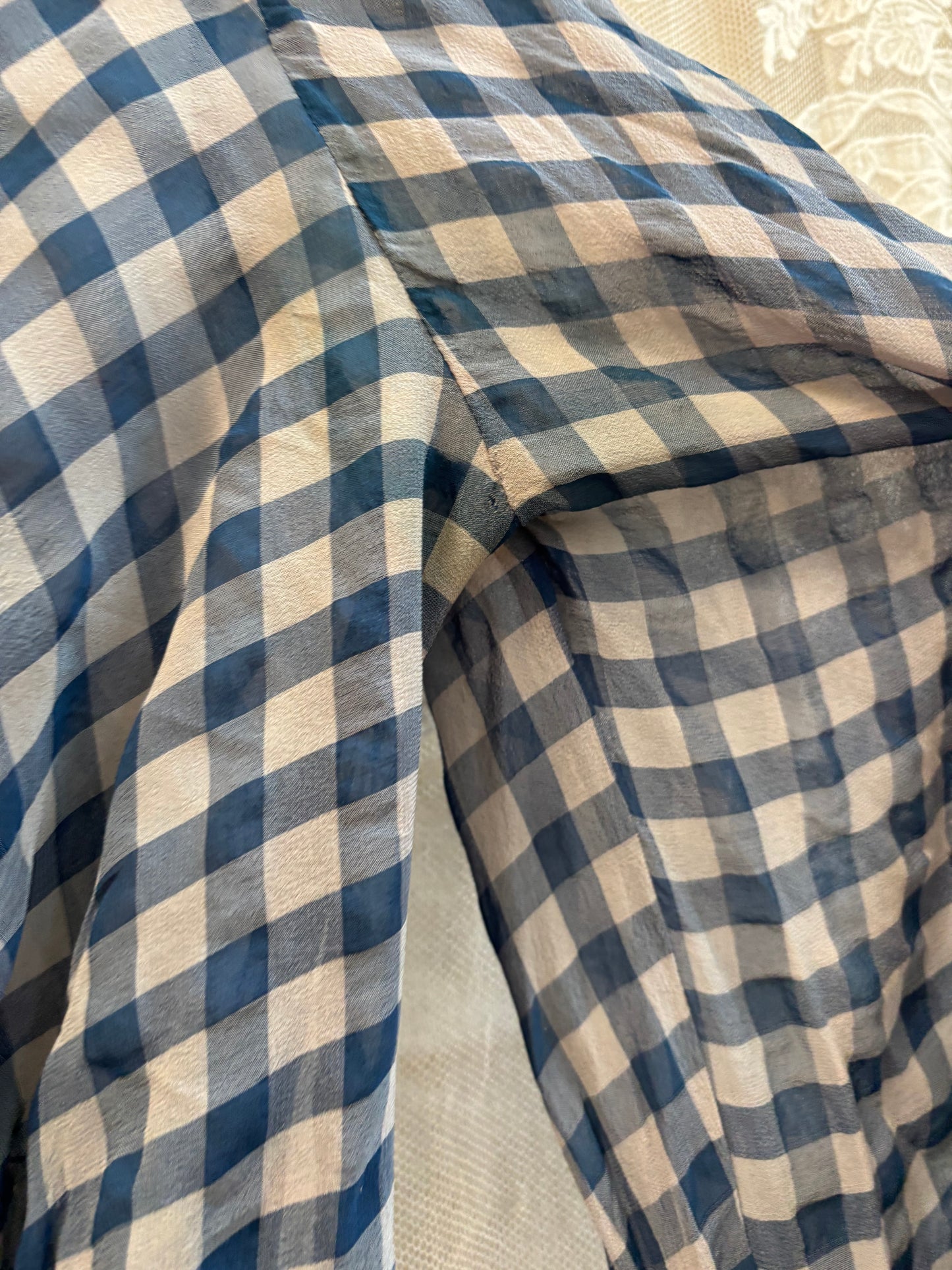 1930s Windowpane Balloon Sleeve Crepe Chiffon Tie Neck Dress