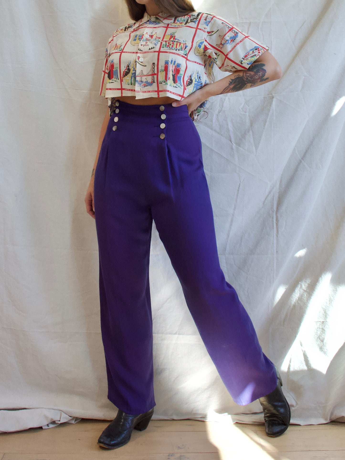 Special 1940s 'Cameron of California' Faded Cobalt Fall Front Pants