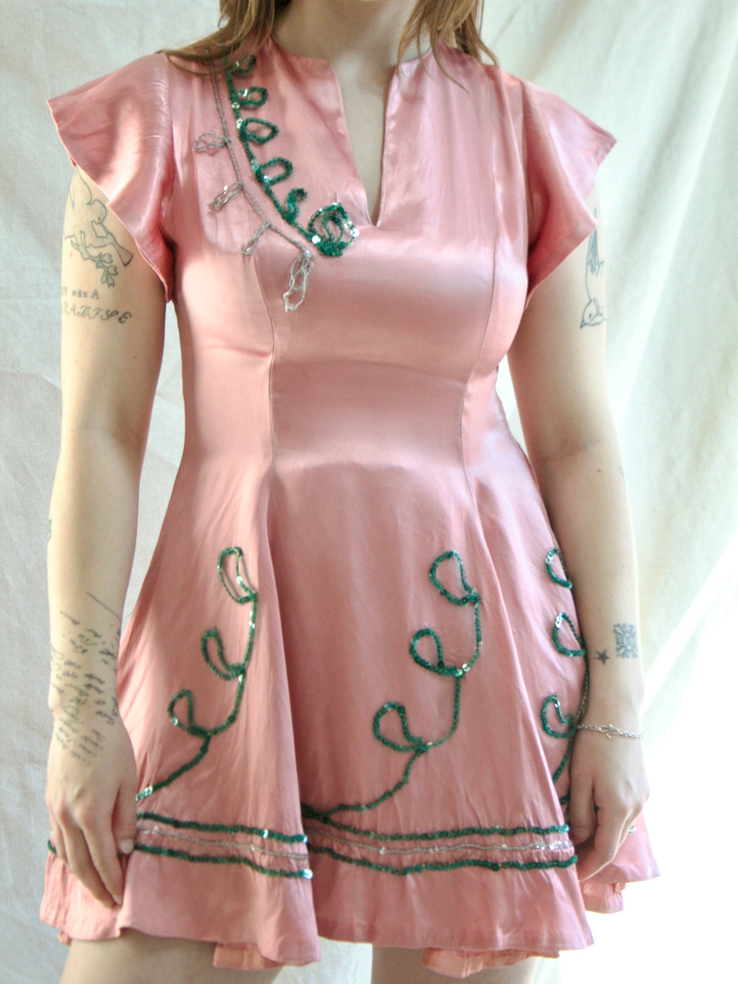 Custom Made 1950s Embellished Silk Satin Skater Style 2 PC Dress Set