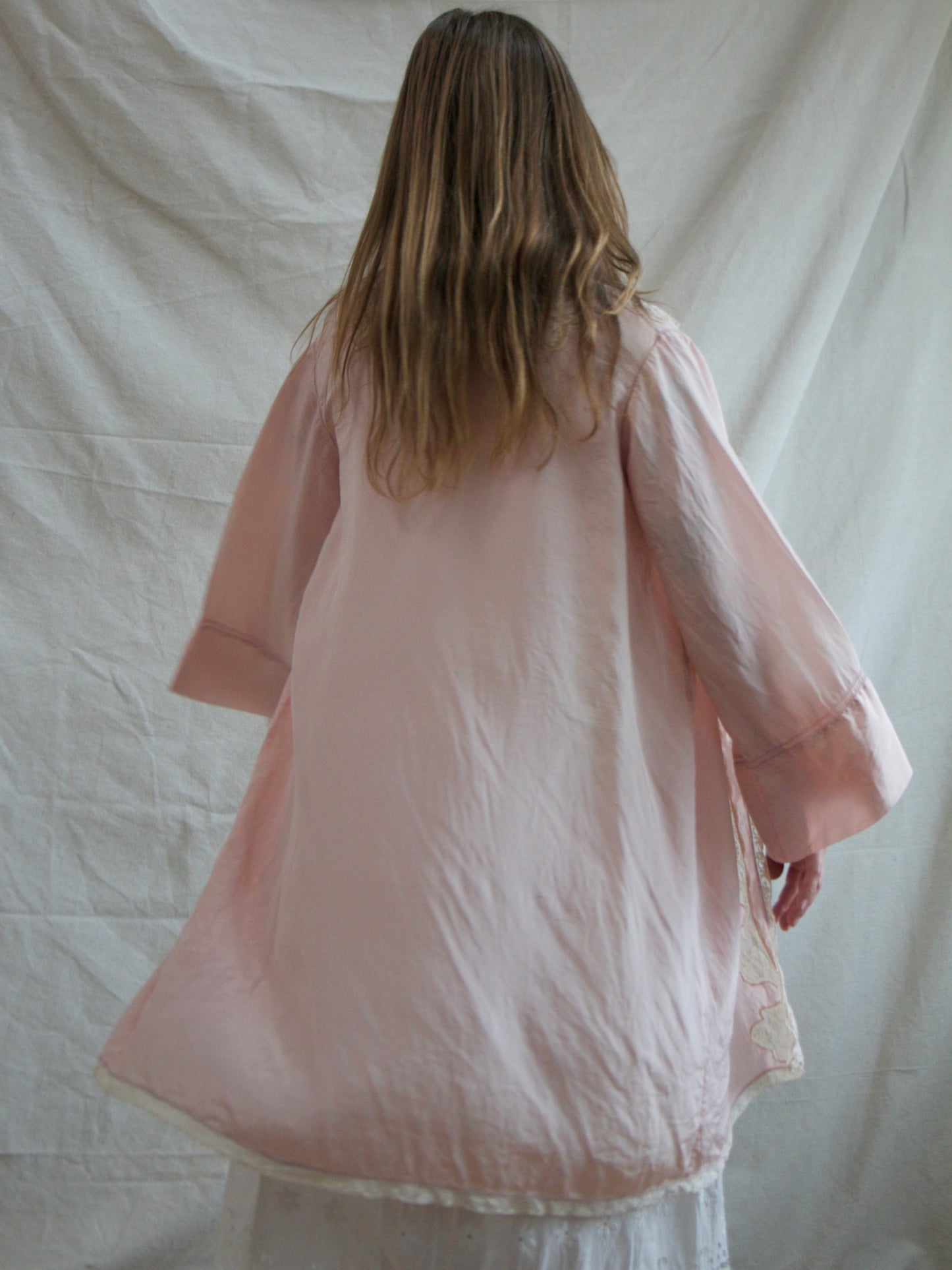19930s Silk Crepe De Chine Inset Lace Rosette Lingerie Robe