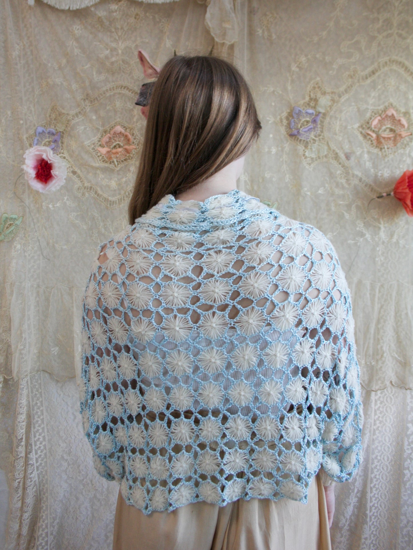 1930 Crochet Wool Knit Silk Ribbon Shrug