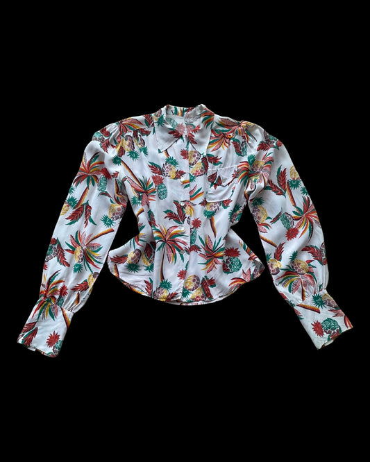 1940s Cold Rayon Loop Collar Palm Tree & Pineapple Print Bishop Sleeve Hawaiiana Blose