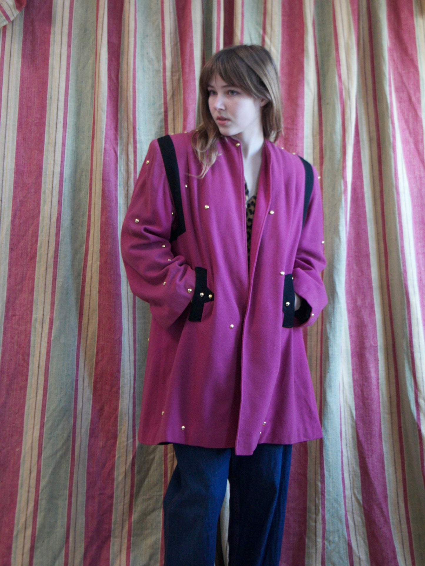 1940s Color Block Strong Shoulder Studded Swing Coat