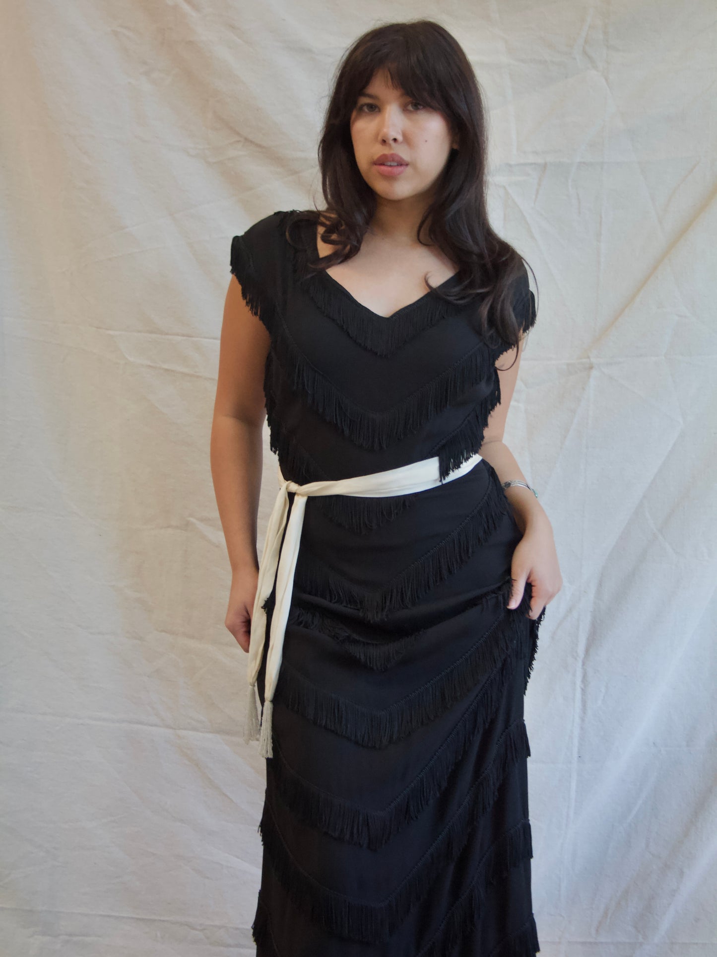 1940s Rayon Crepe Fringe Trained Gown