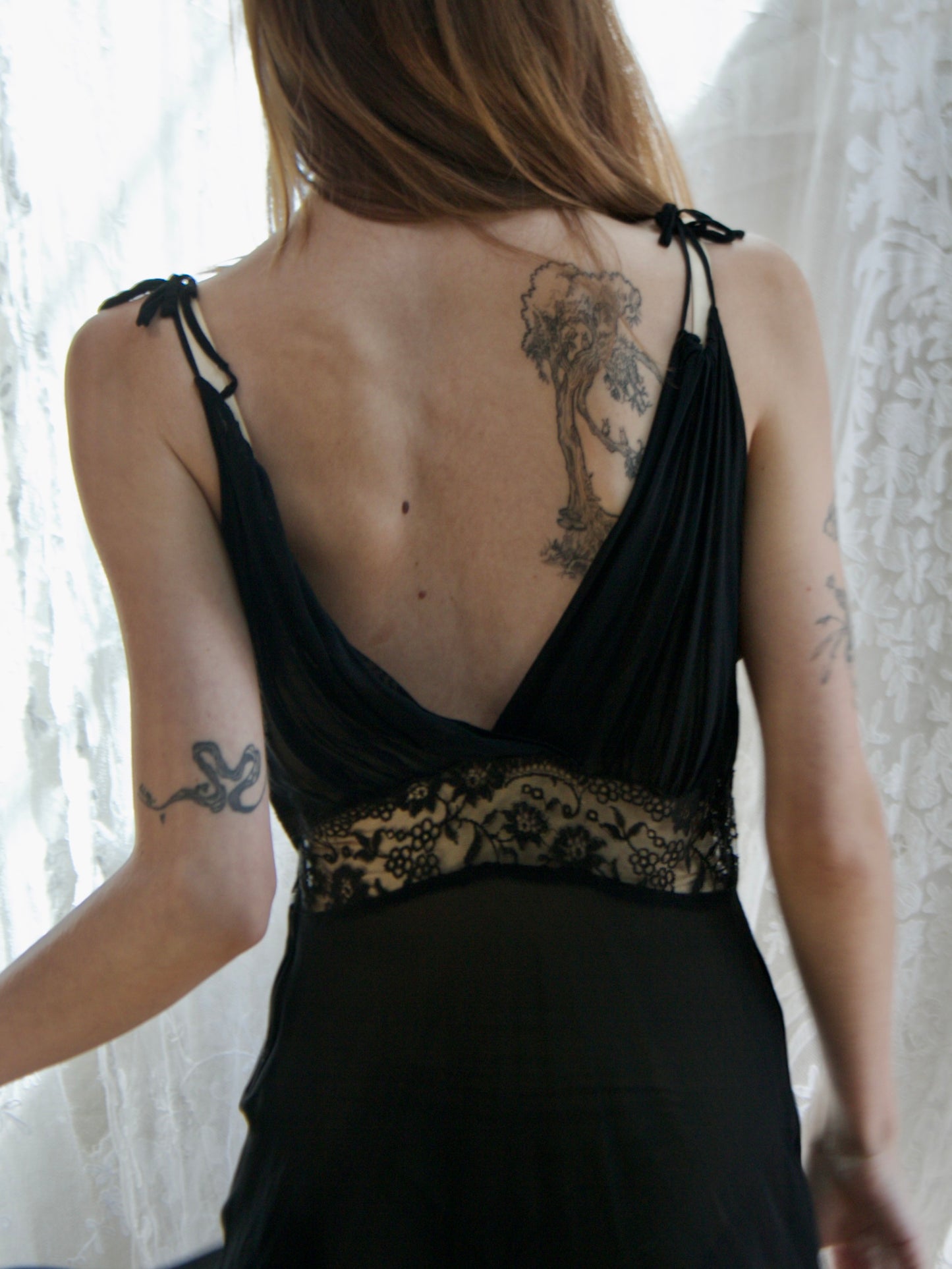 1930s Two Piece Inky Black Silk & Lace Gown/ Peignoir Set