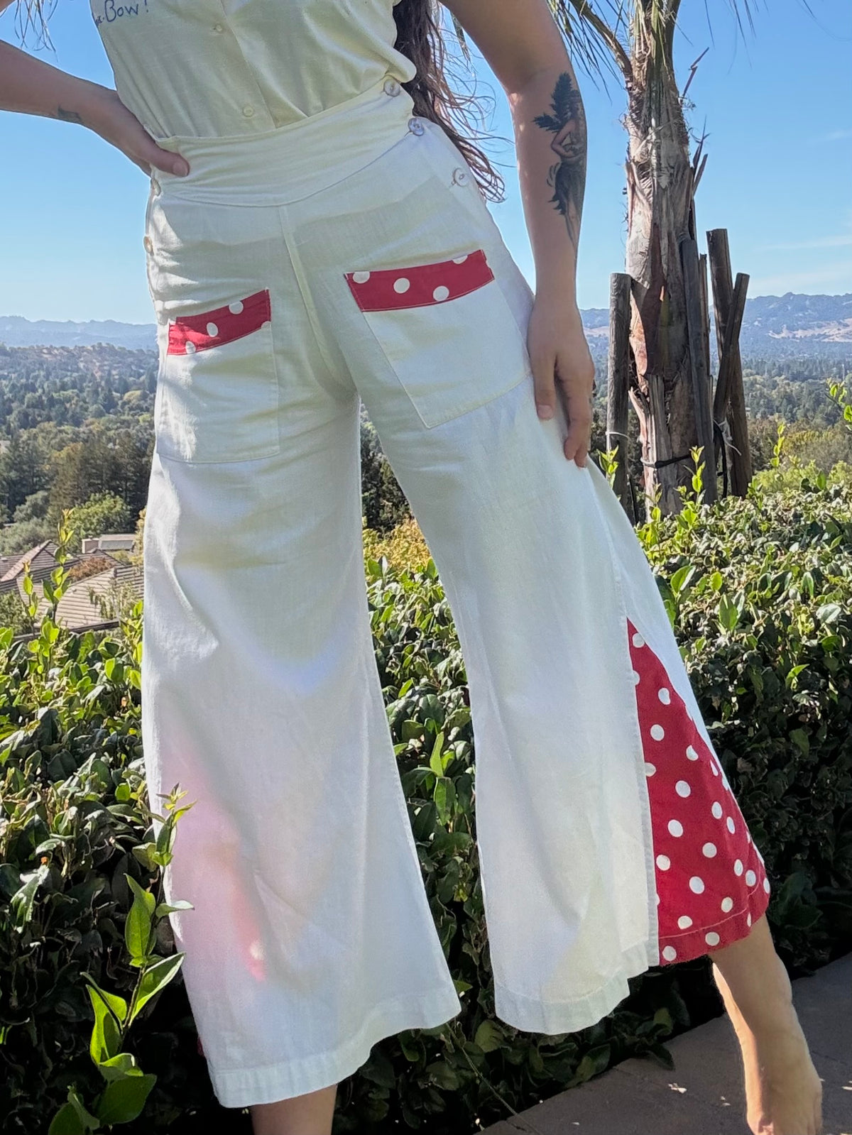1930s Linen Fall Front Polka Dot Trim Beach Pajama Pants