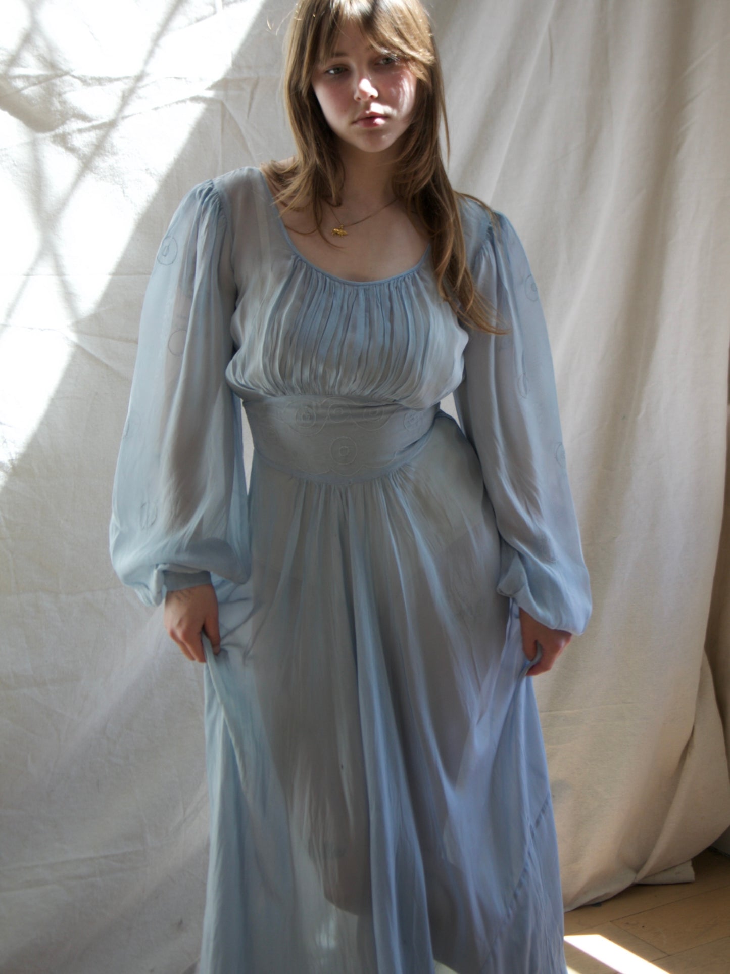 1930s Balloon Sleeve Baby Blue Sheer Gown