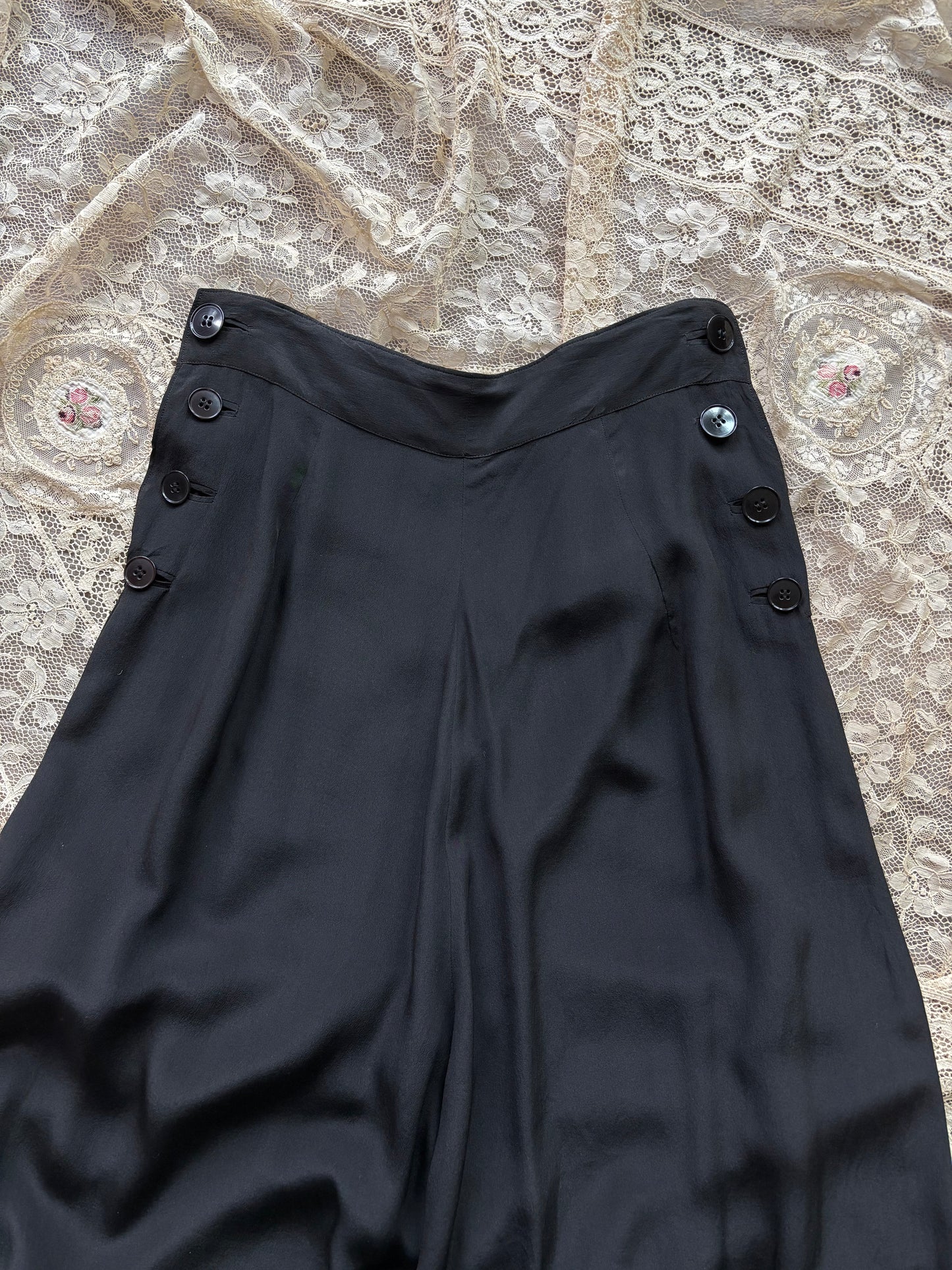 1930s Fall Front Inky Black Silk Palazzo Pants