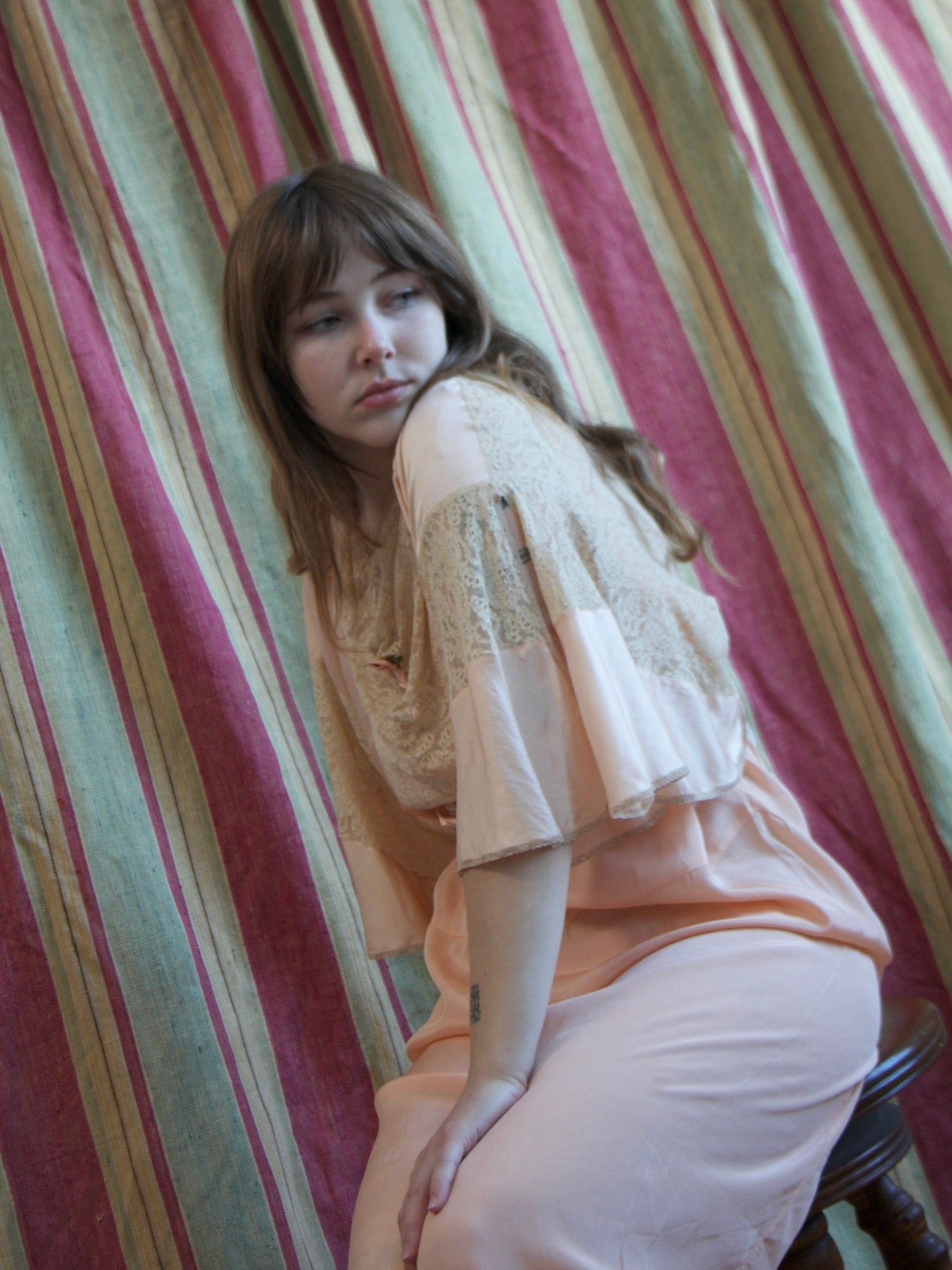 Antique Soft Pink Silk & Lace Ribbonwork Tie Waist Capelet Blouse