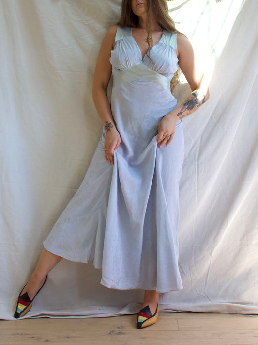Headstock 1940s Icey Blue Silk Rayon Brocade Bias Cut Slip Dress