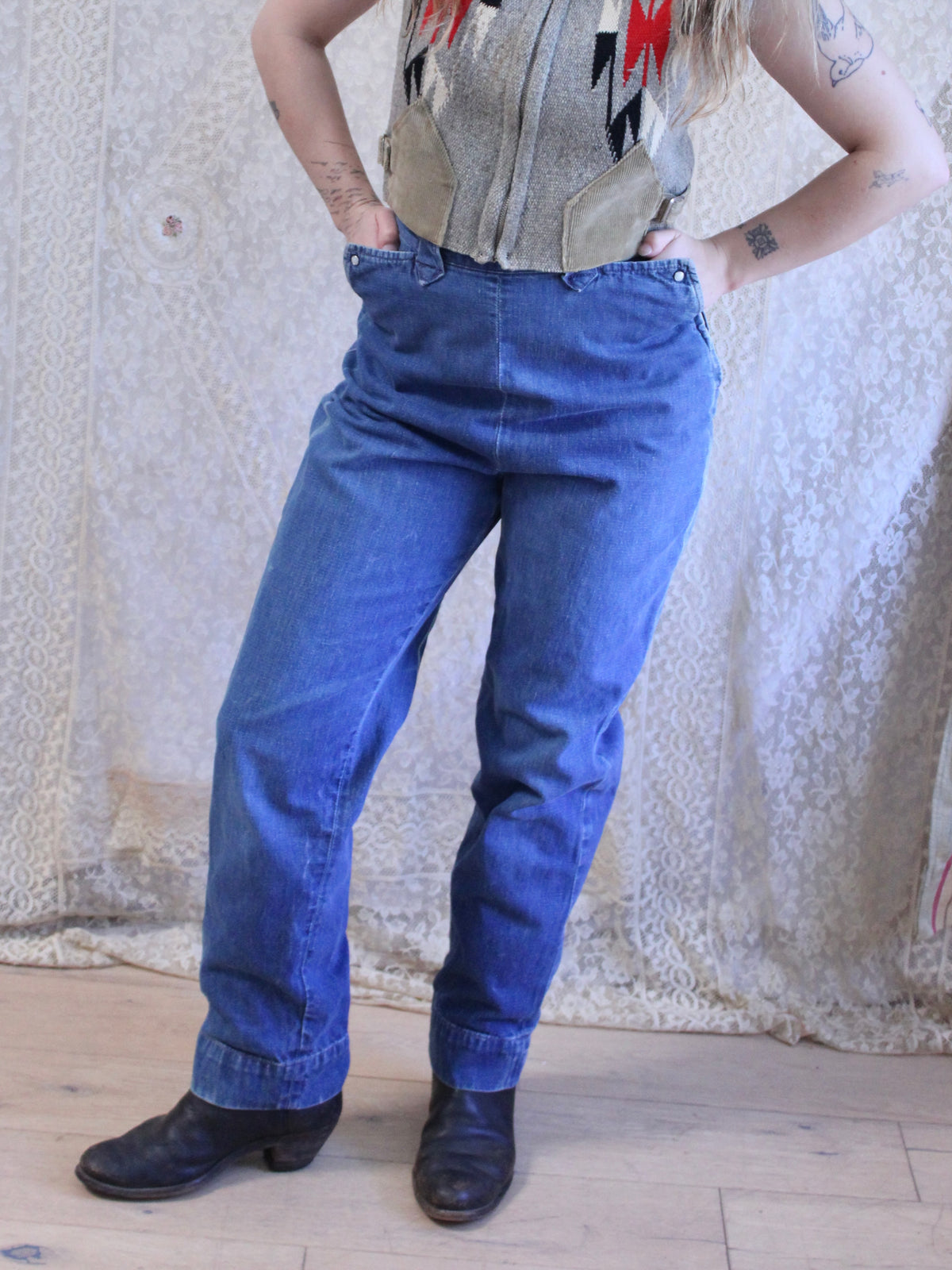 1950s Sun Faded Levis Western Pearl Snap Side Zip Denim