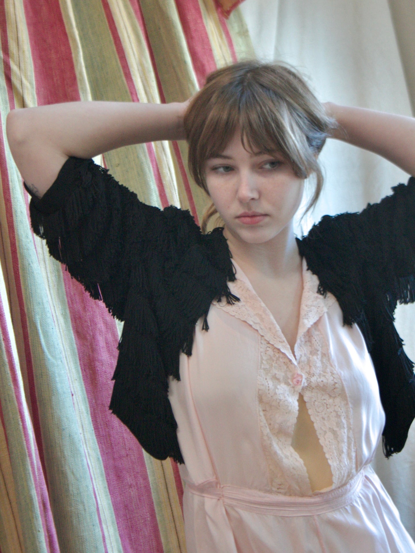 1930s Rayon Crepe Fringe Wrap Bolero Blouse