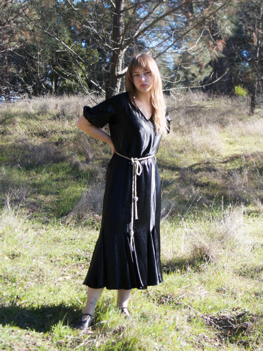 1930s Ink Heavy Silk Petal Sleeve Dress