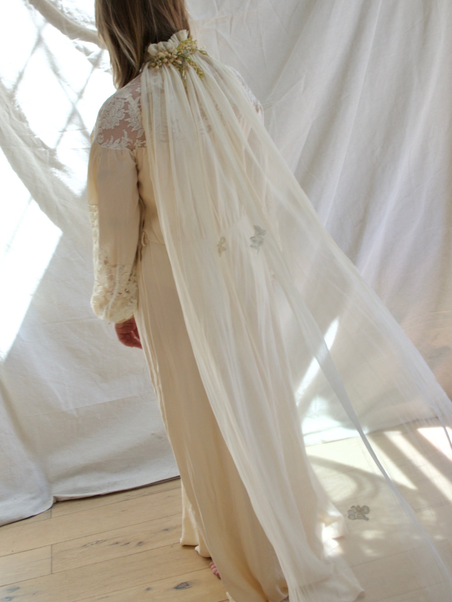 Antique Edwardian Wax Flower Crown Chiffon Applique Bridal Veil