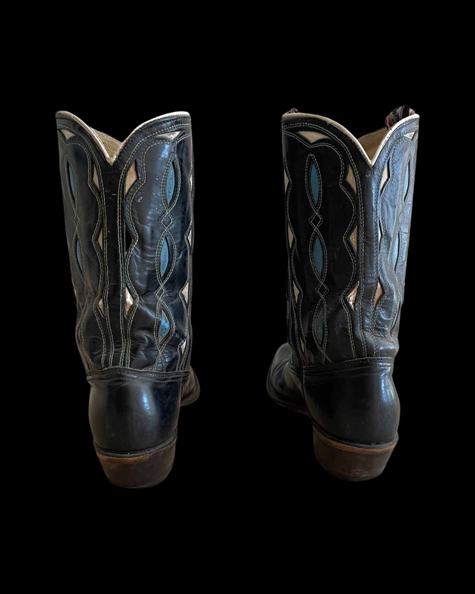 1950s/ 1960s Inlay Black Leather Pull Tab Cowboy Boots