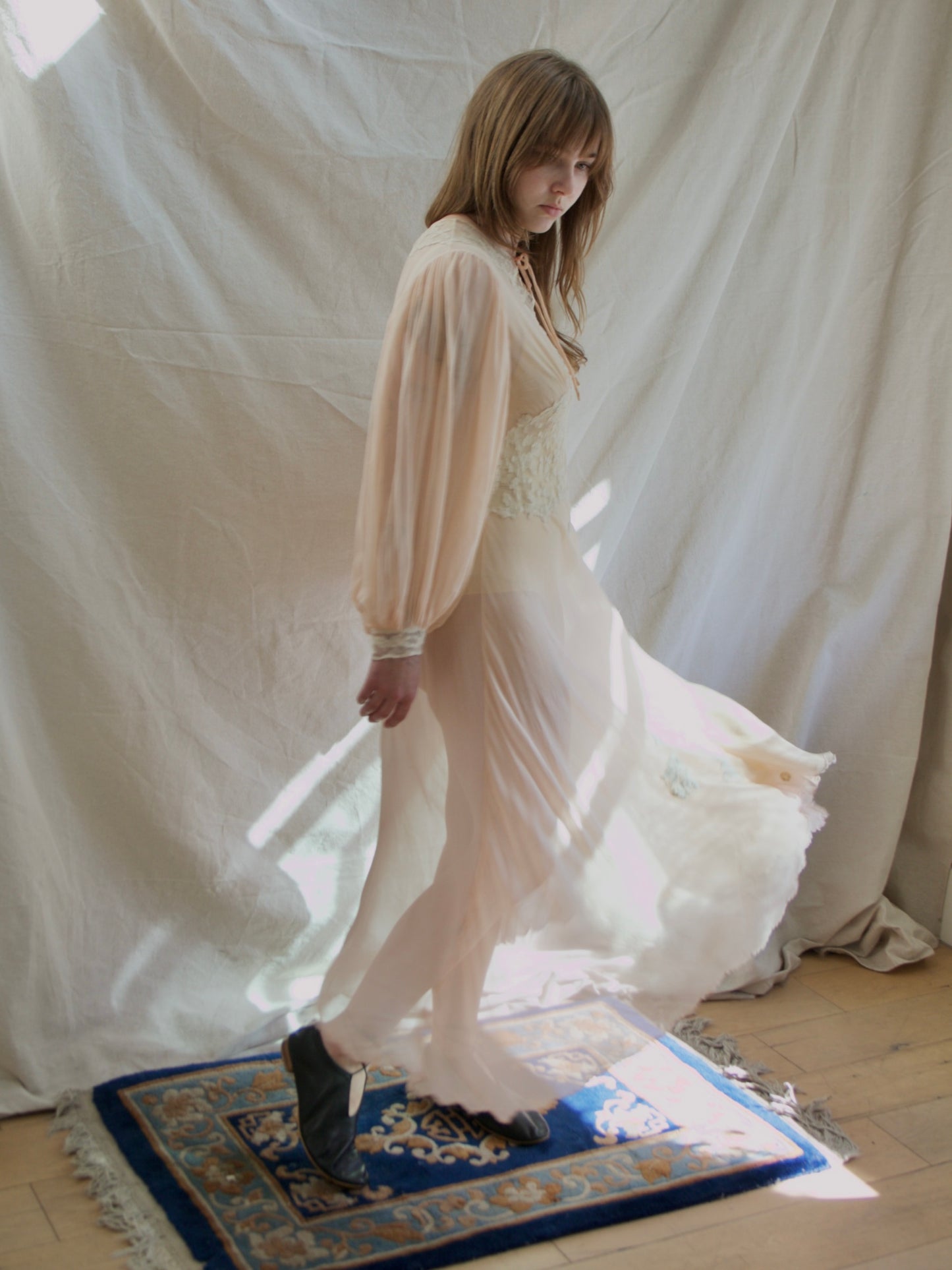 Special 1930s Hand Stitched Bishop Sleeve Chiffon Appliqué Bias Cut Gown