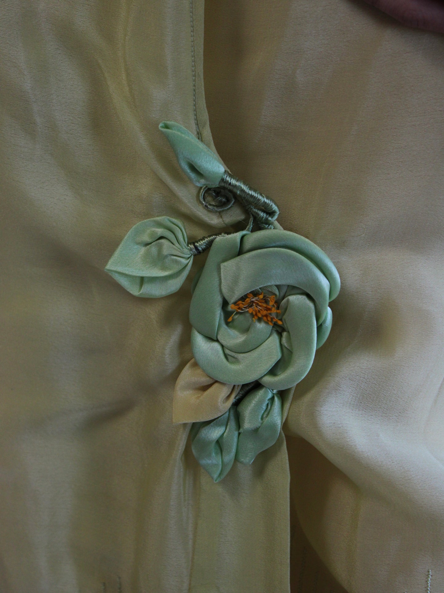 Antique 1920s Vibrant Chartreuse Silk Ribbon-work Kimono Sleeve Boudoir Robe