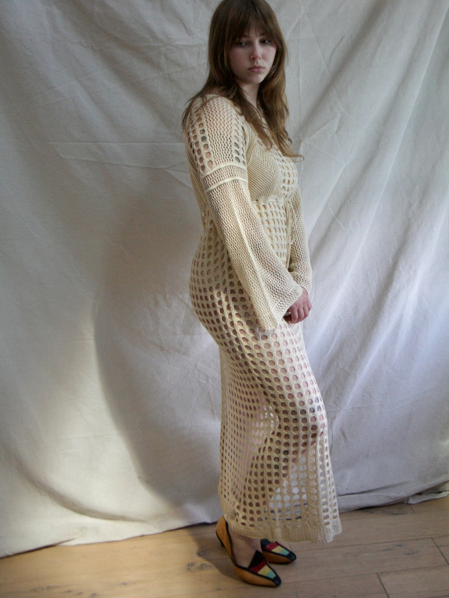 1970s Soft Cotton Bell Sleeve Open Knit Cover Up Dress