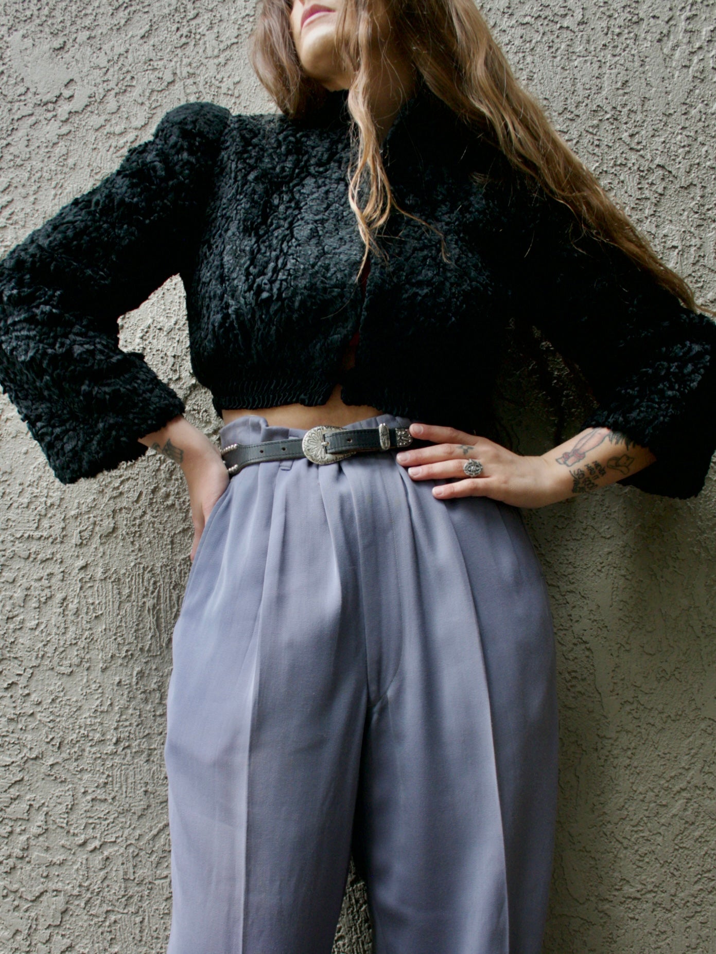 1940s Curly Lamb Cropped Strong Shoulder Jacket