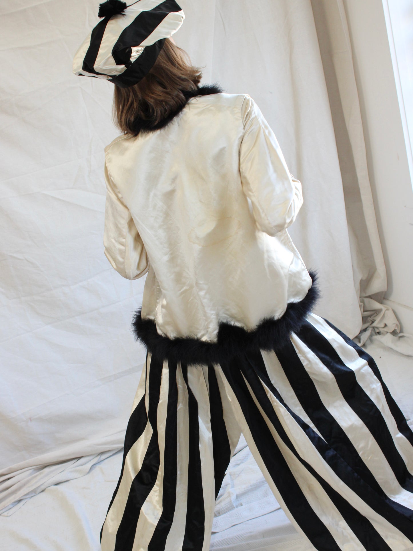 One Of A Kind Antique 1910s B&W Satin 4 Piece Mardi Gras Harem Pant Jumpsuit Ensemble