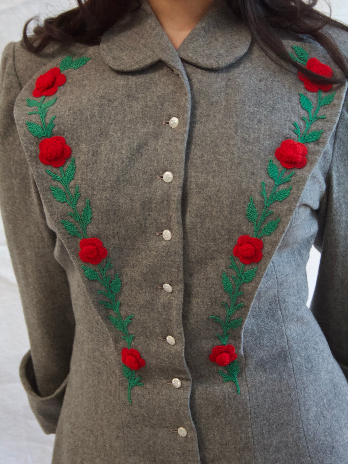 1940s 3D Rose and Embroidered Slate Grey Wool Button Front Dress