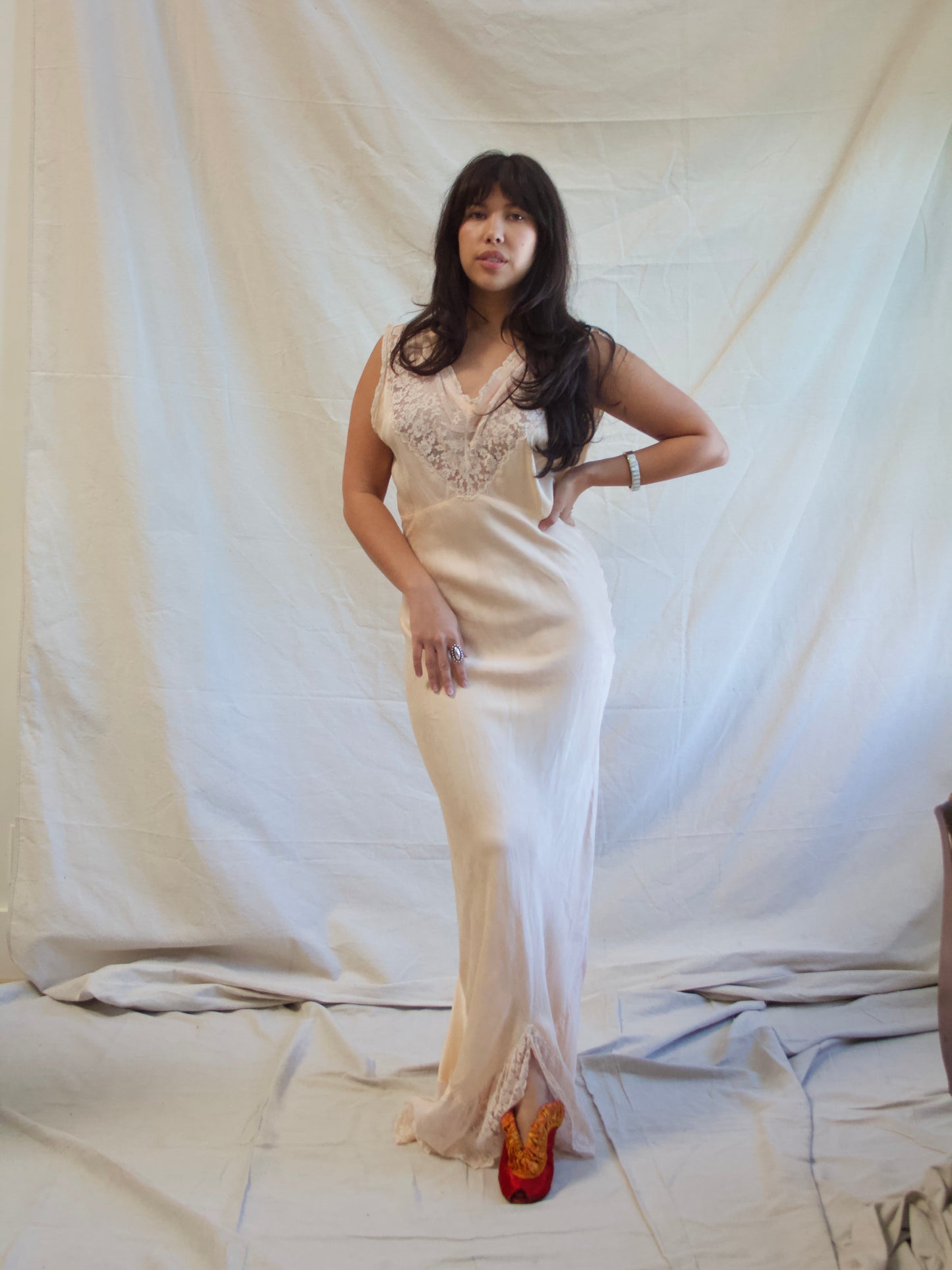1930s Pale Pink & Lace Bias Cut Slip Dress