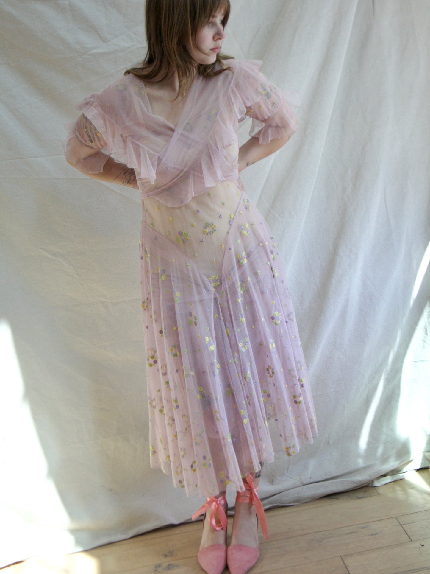 1930s Deco Springtime Embroidered Lavender Tiered Net Dress