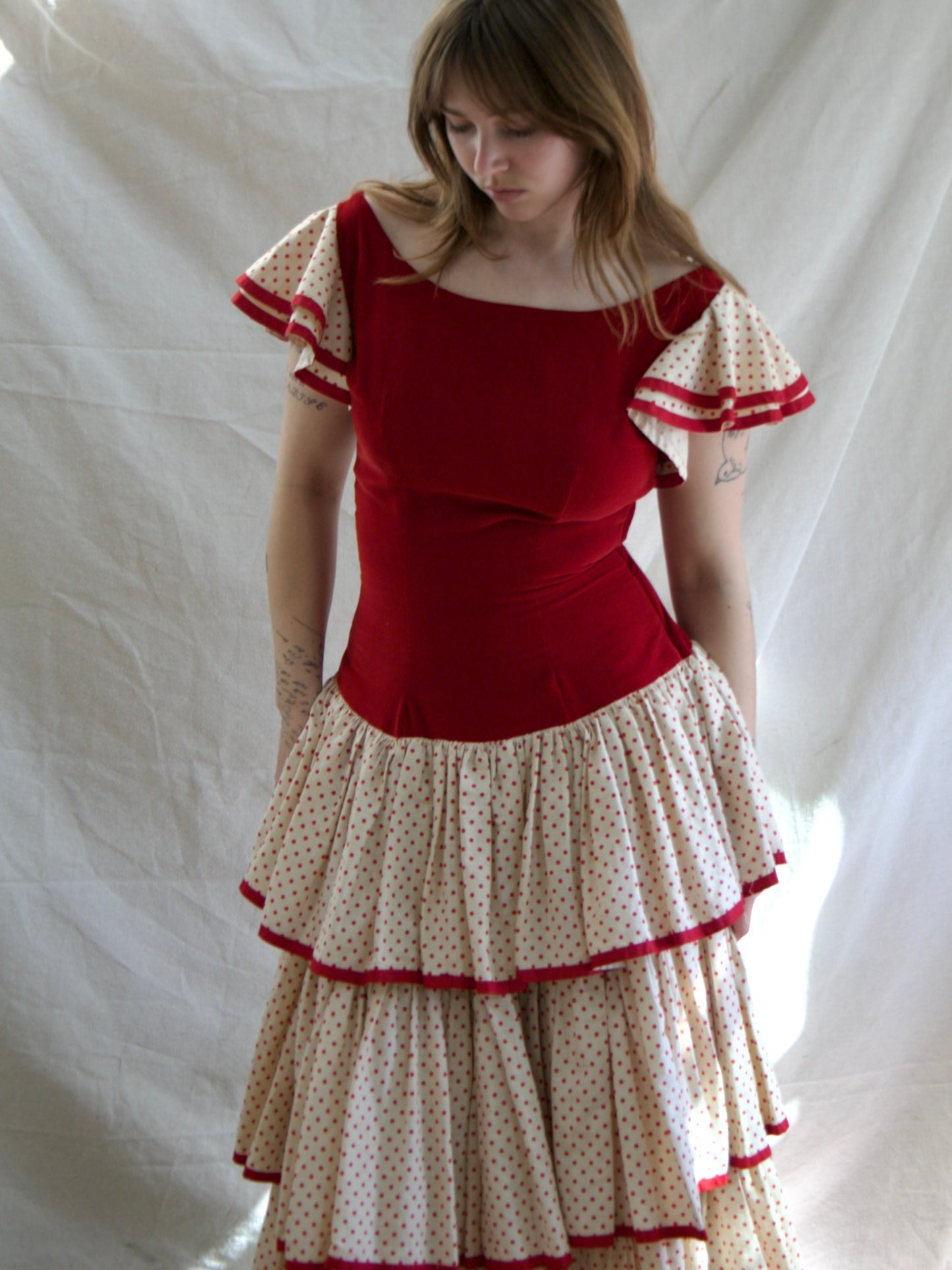 1930s Flamenco Velveteen Polka Dot Ruffle Dress